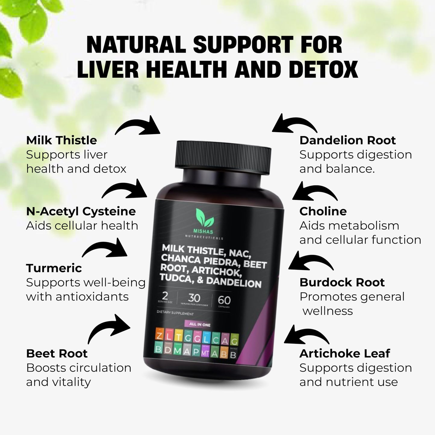 Mishas Milk Thistle Dandelion Root, NAC and TUDCA Supplement Capsules 60