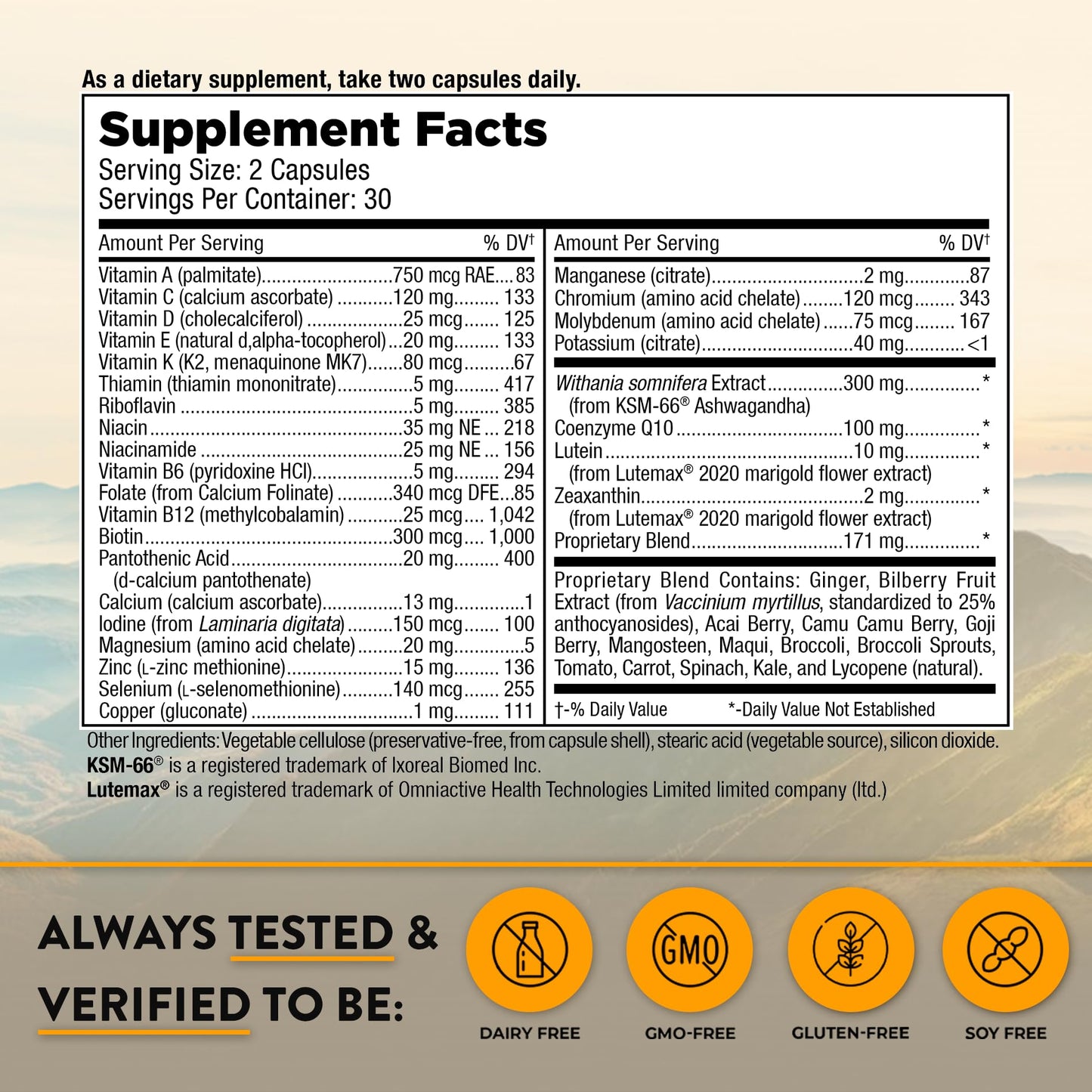 Mt. Angel Vitamins Daily Mens Multivitamin 50+ Adult Formula with Iron, Calcium, KSM-66 Ashwaganda, and a Potent Proprietary Herbal Blend of The Best Mens Vitamins Capsules 60 Count