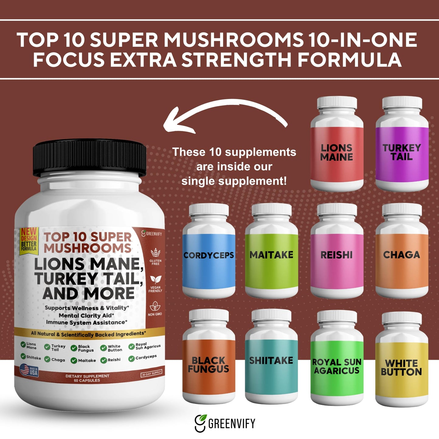 GREENVIFY Super Mushrooms 10 in 1 Lions Mane Turkey Tail Chaga Reishi Cordyceps Shiitake Extracts, 60 Capsules