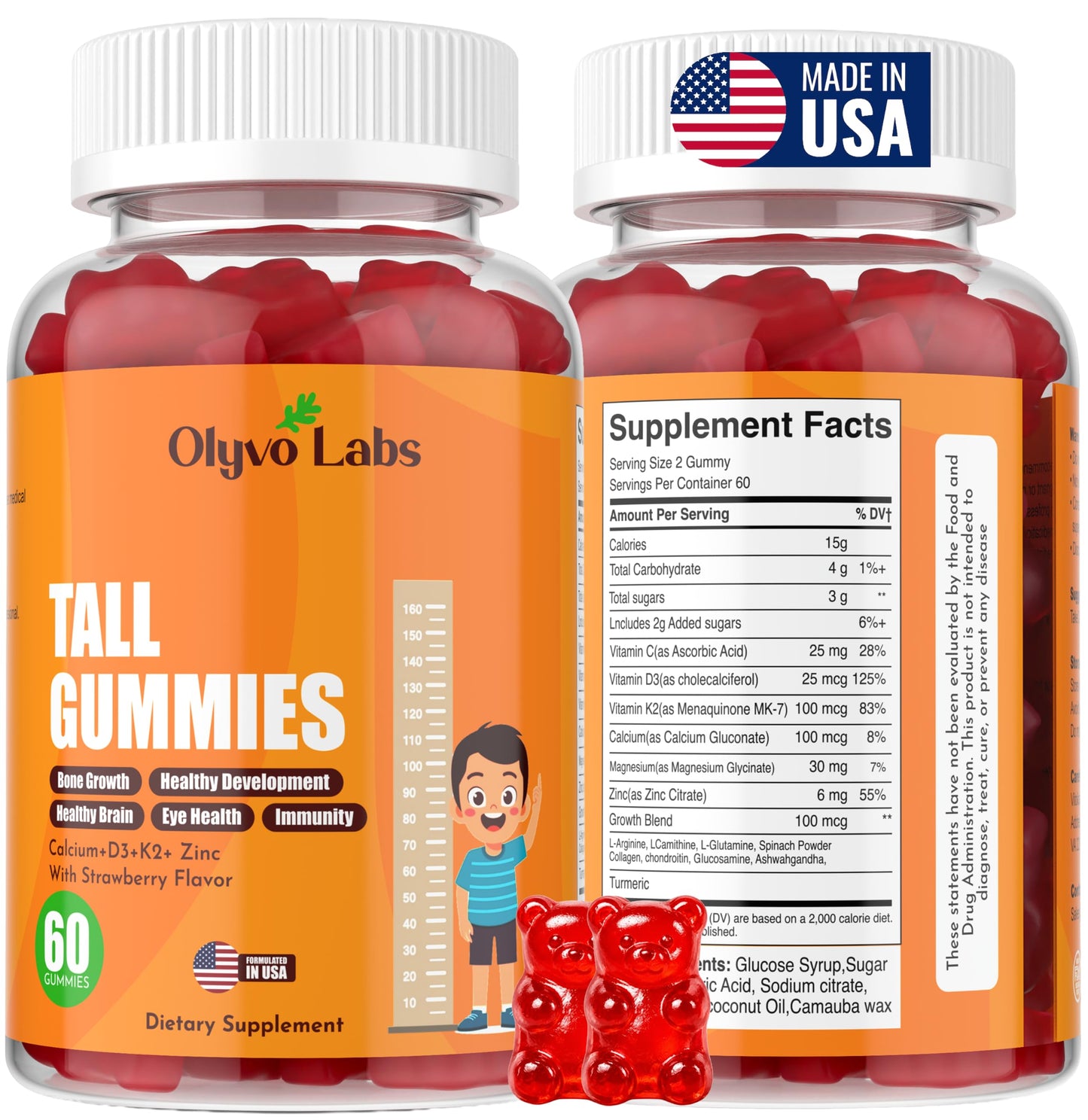 Olyvo Labs Height Growth Gummies with L-Arginine for Kids & Teens, Strawberry Flavor, Sugar-Free with Vitamin C, D3 + K2, Calcium, Zinc, Magnesium, 60 Gummies