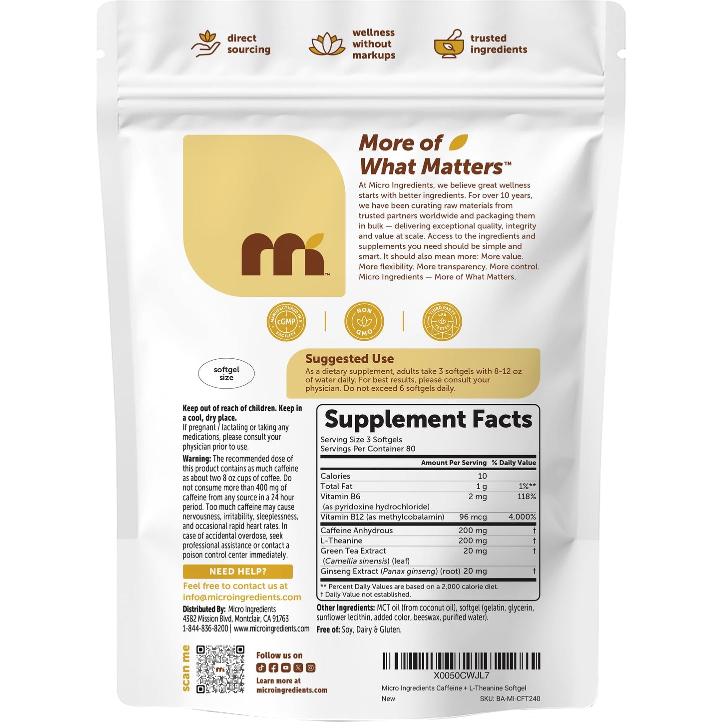 Micro Ingredients Caffeine Pills 200 mg with L-Theanine 200 mg per Serving Softgels 240 Count