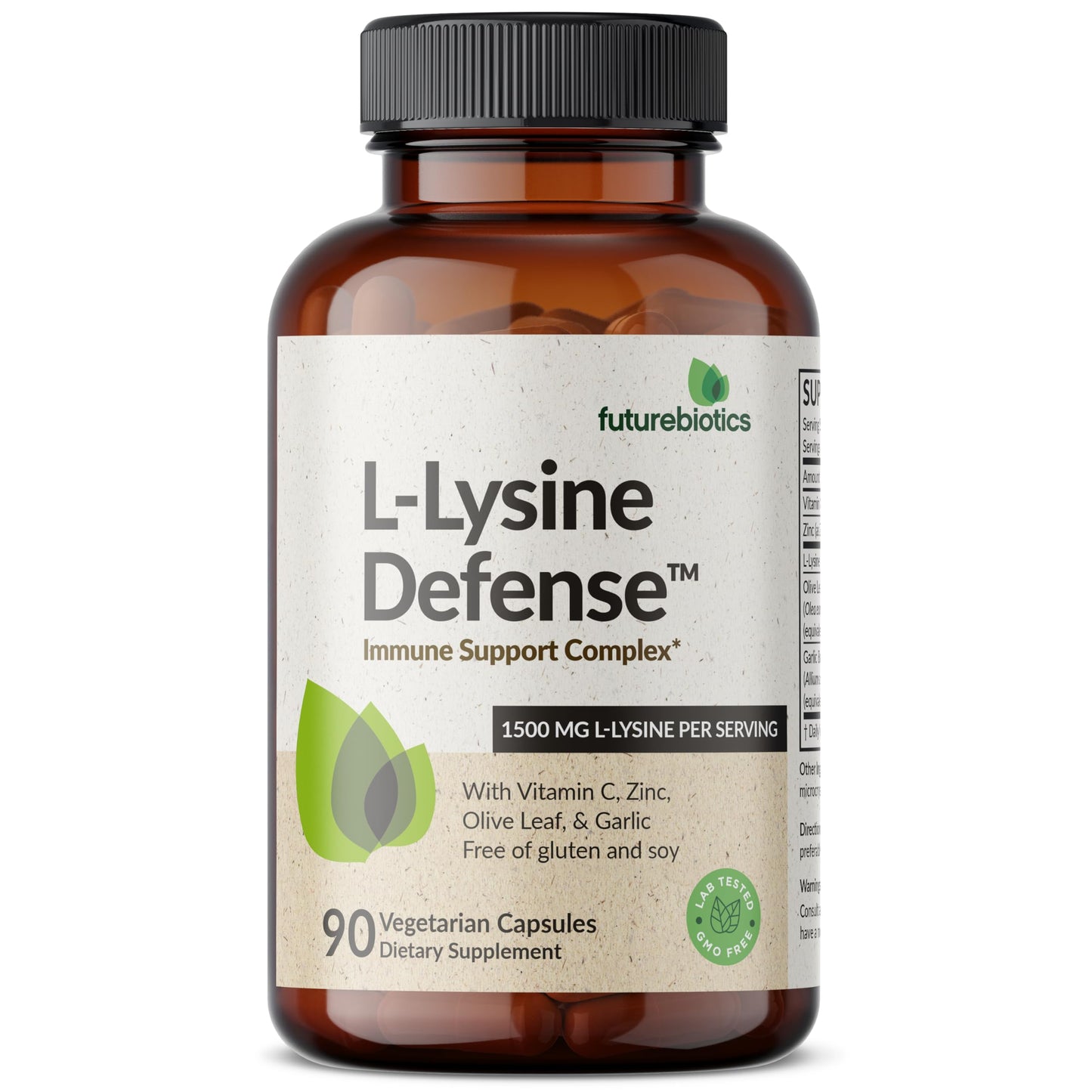 Futurebiotics L-Lysine Defense Immune Support Complex Capsules 1500 mg per Serving with Vitamin C, Zinc, Olive Leaf & Garlic, Non-GMO, 90 Capsules