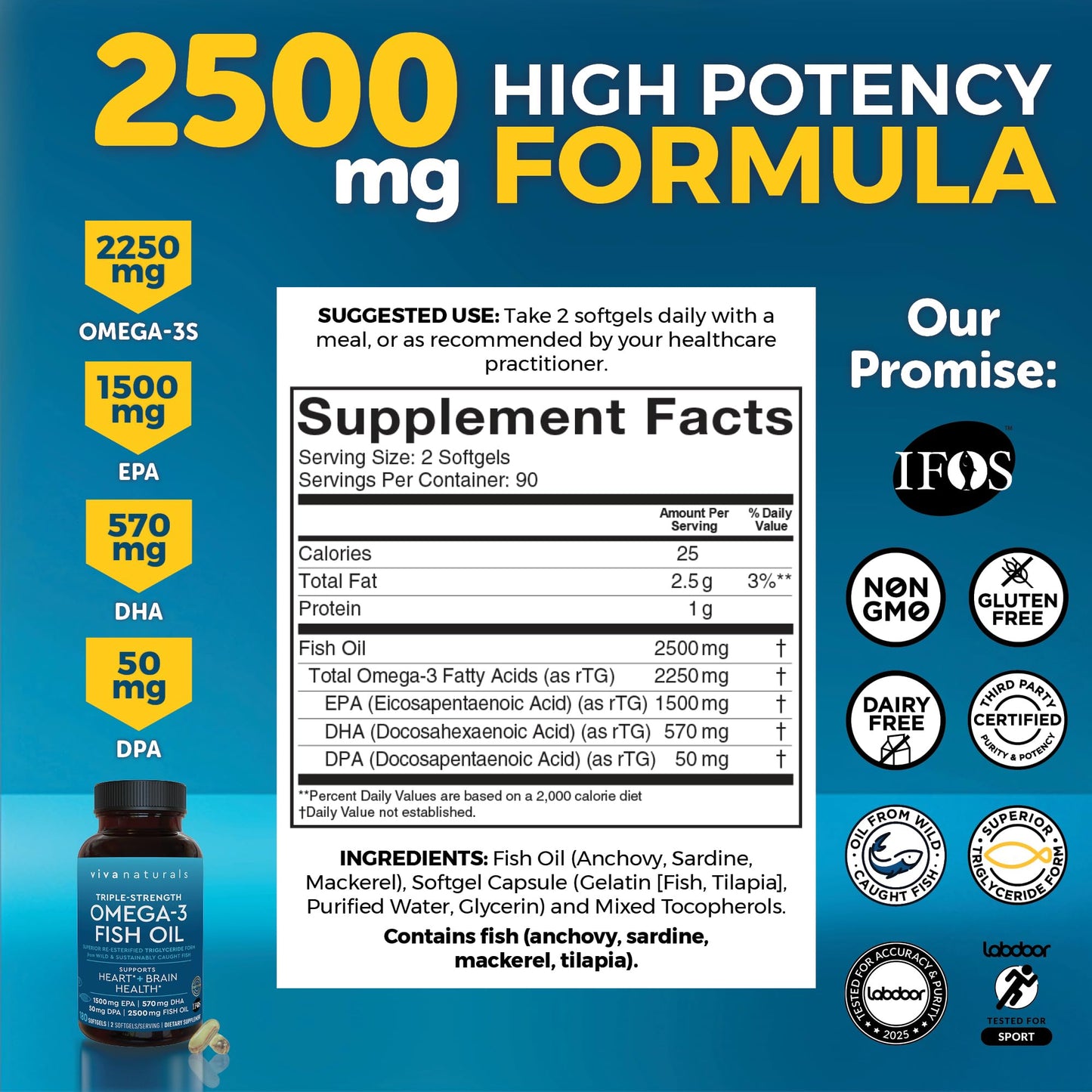 Viva Naturals Triple Strength Omega 3 Fish Oil Softgels, 180 Count