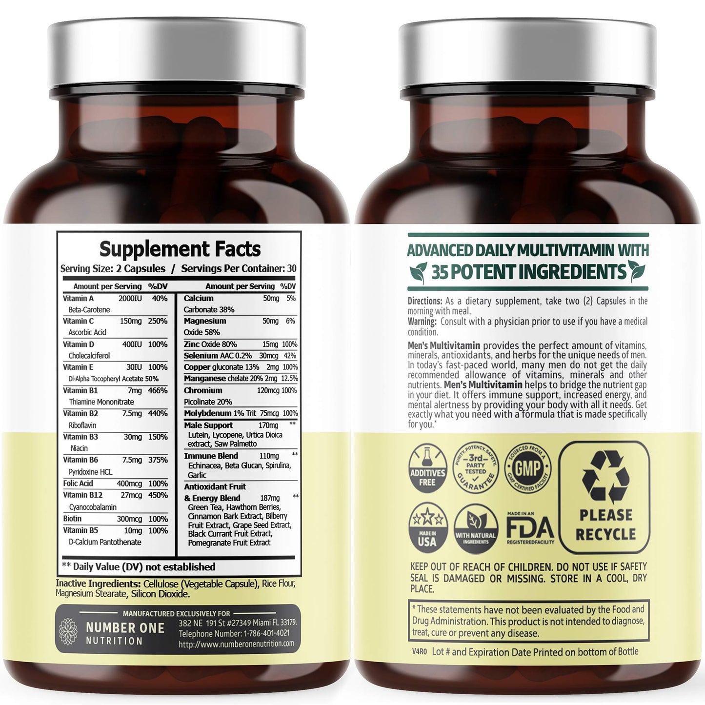 Number One Nutrition Premium Men's Daily Multivitamin Multimineral Supplement Capsule, 60 Veg Caps, Gluten Free, Non-GMO
