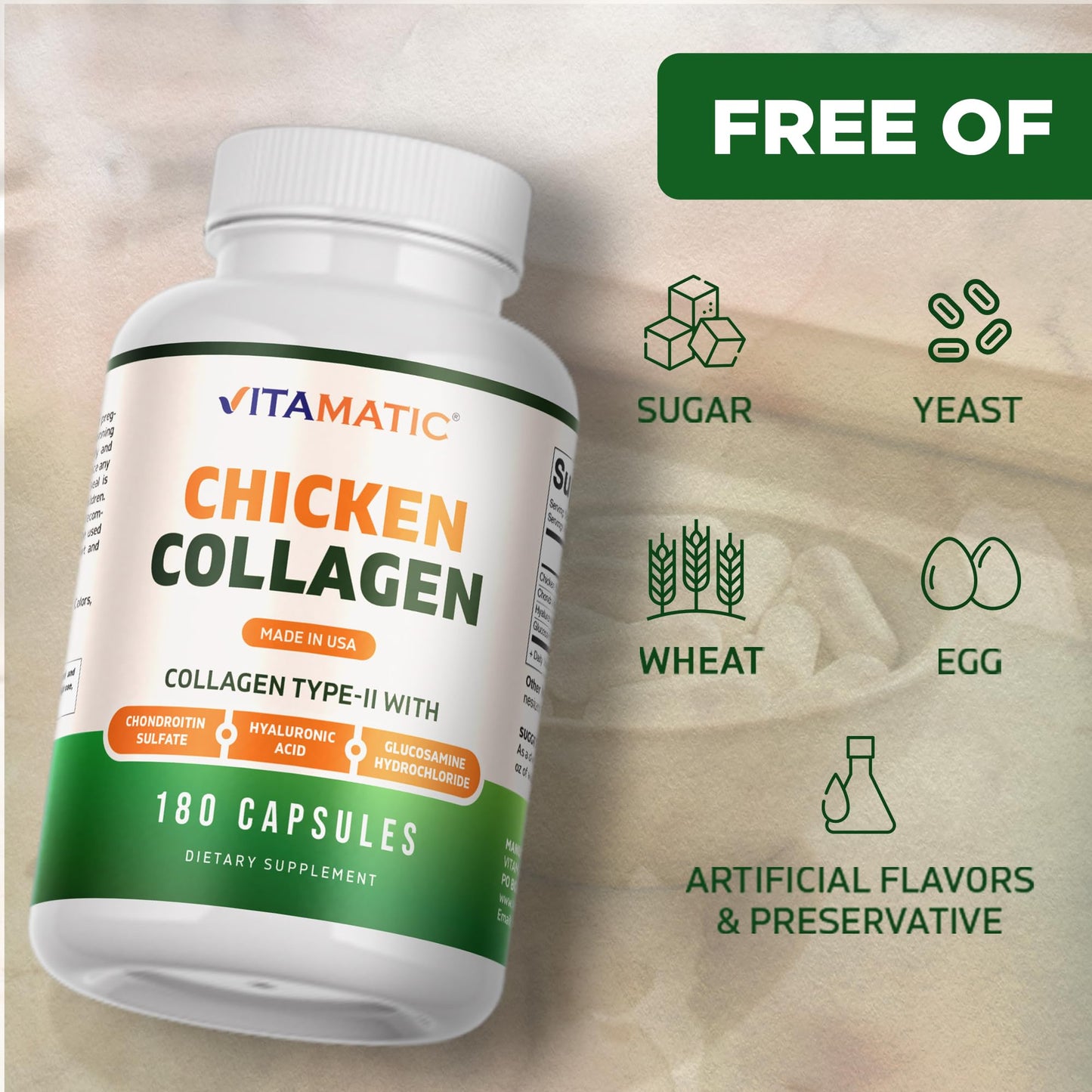 Vitamatic Chicken Collagen 3000 mg (Per Serving) with Glucosamine, Chondroitin & Hyaluronic Acid Capsules, 180 Count