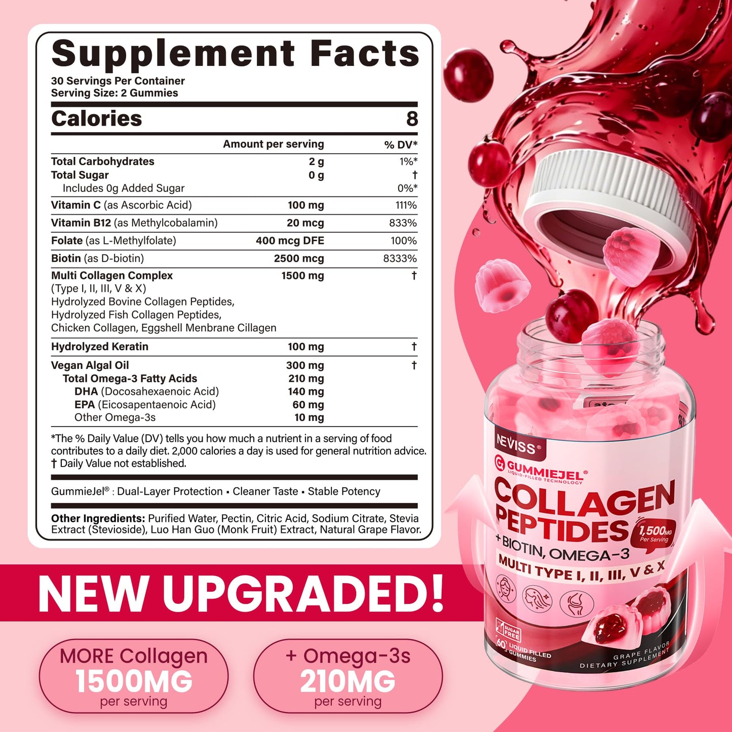 NEVISS Collagen Peptides Gummies with Omega-3, 60 Count