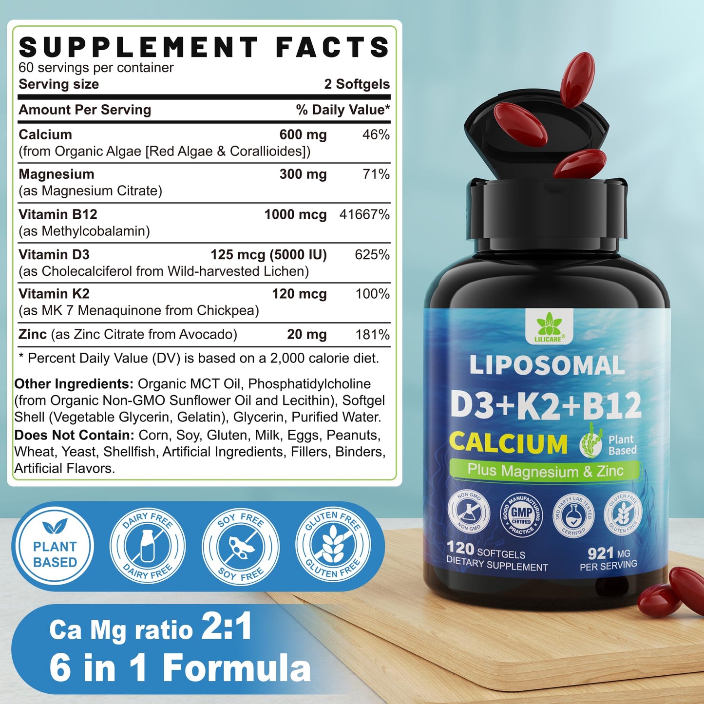 LILICARE Calcium D3 K2 Magnesium Zinc Gummies, 180 Count