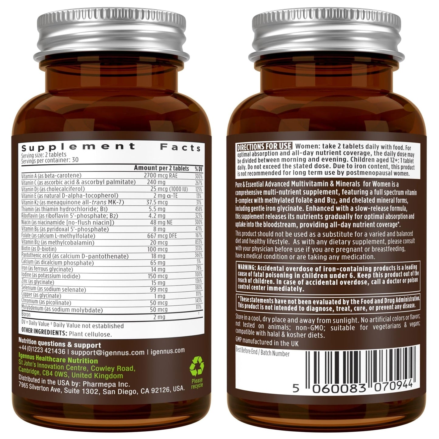 Igennus Healthcare Nutrition Multivitamin & Minerals for Women + Calcium & Magnesium Complex Vegan Bundle, Sustained Release Advanced Multivitamin + 2:1 Plant Based Algae Mineral Complex Capsules, 2 Capsules