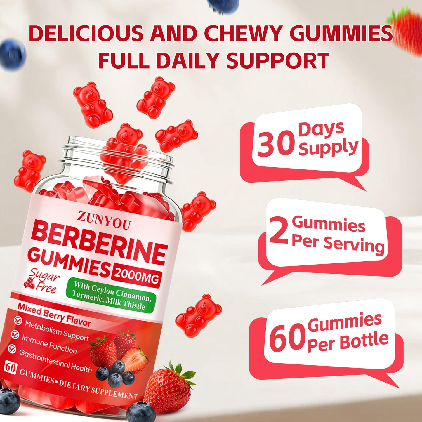 ZUNYOU Berberine 2000mg with Ceylon Cinnamon Gummy, 120 Gummies