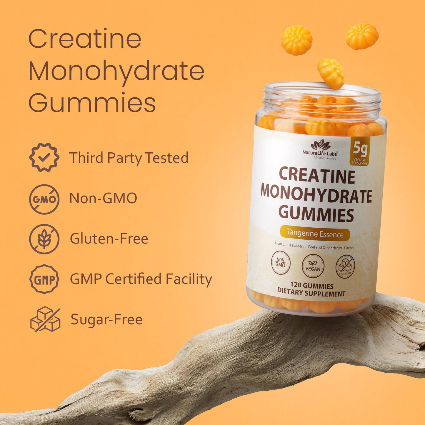NaturaLife Labs Creatine Monohydrate Gummies - 5g per Serving - Tangerine Flavor - Gluten-Free, Non-GMO, Vegan, Sugar Free - 120 Gummies