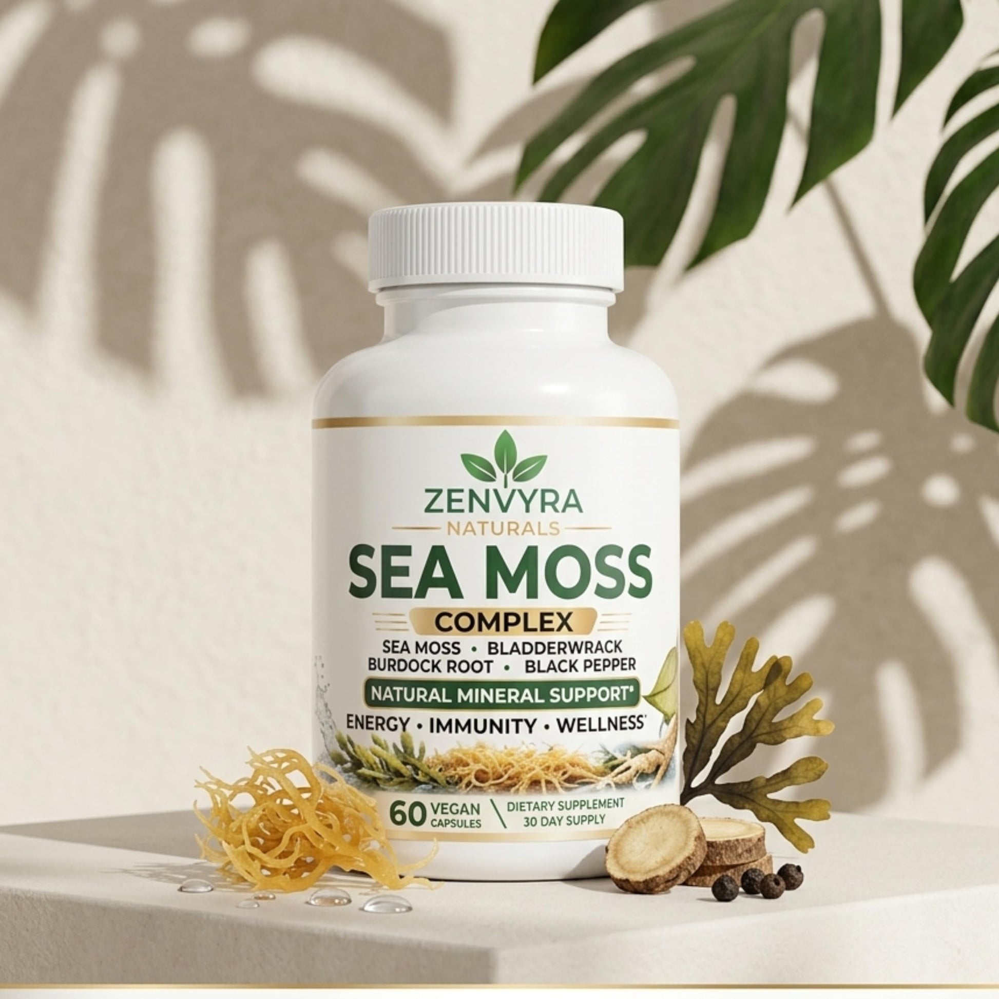 Zenvyra Naturals Organic Sea Moss with Bladderwrack & Burdock Root, Thyroid Support & Immune Booster, Wildcrafted Irish Moss Supplement, 90 Capsules