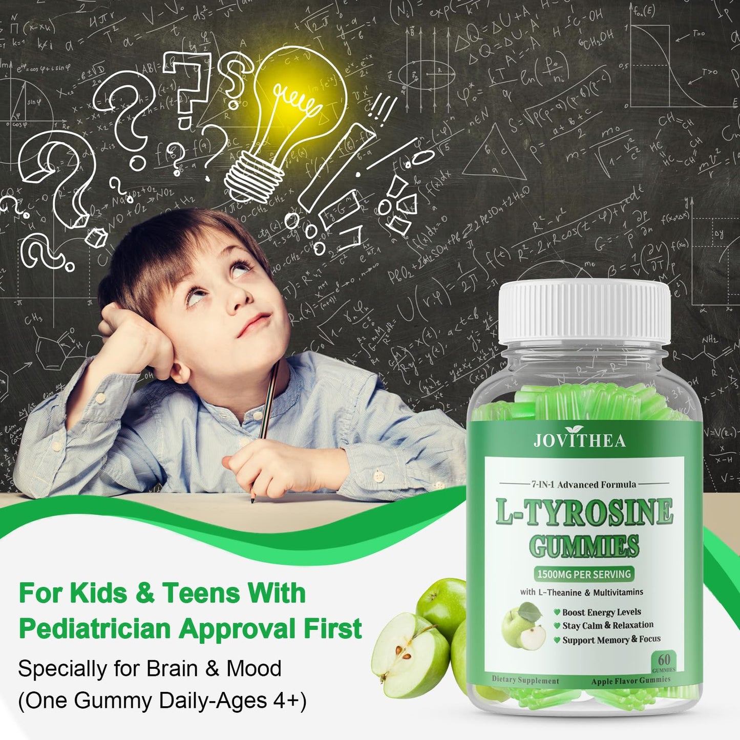 JOVITHEA L-Tyrosine Gummies 1500mg, Apple Flavor, 120 Gummies