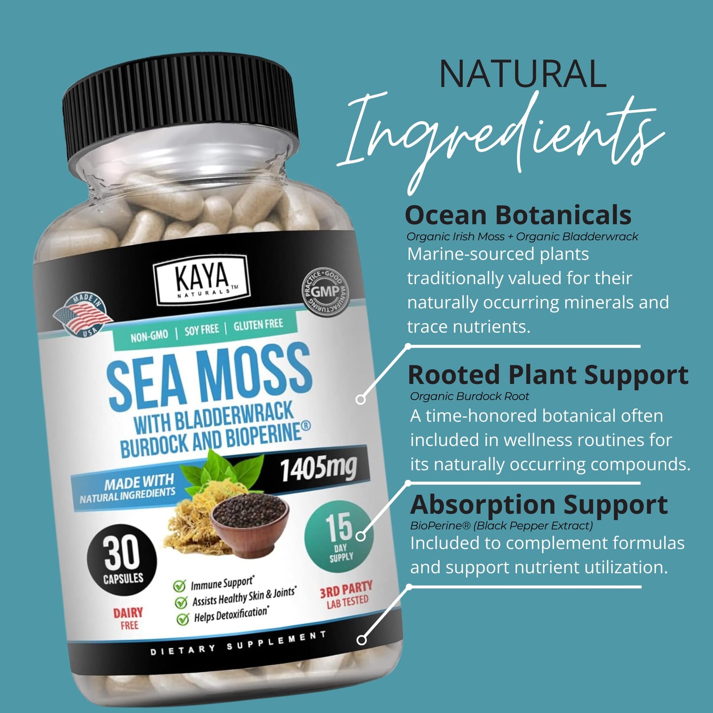 Kaya Naturals Sea Moss Mobility Supplement Capsules, 30 Count