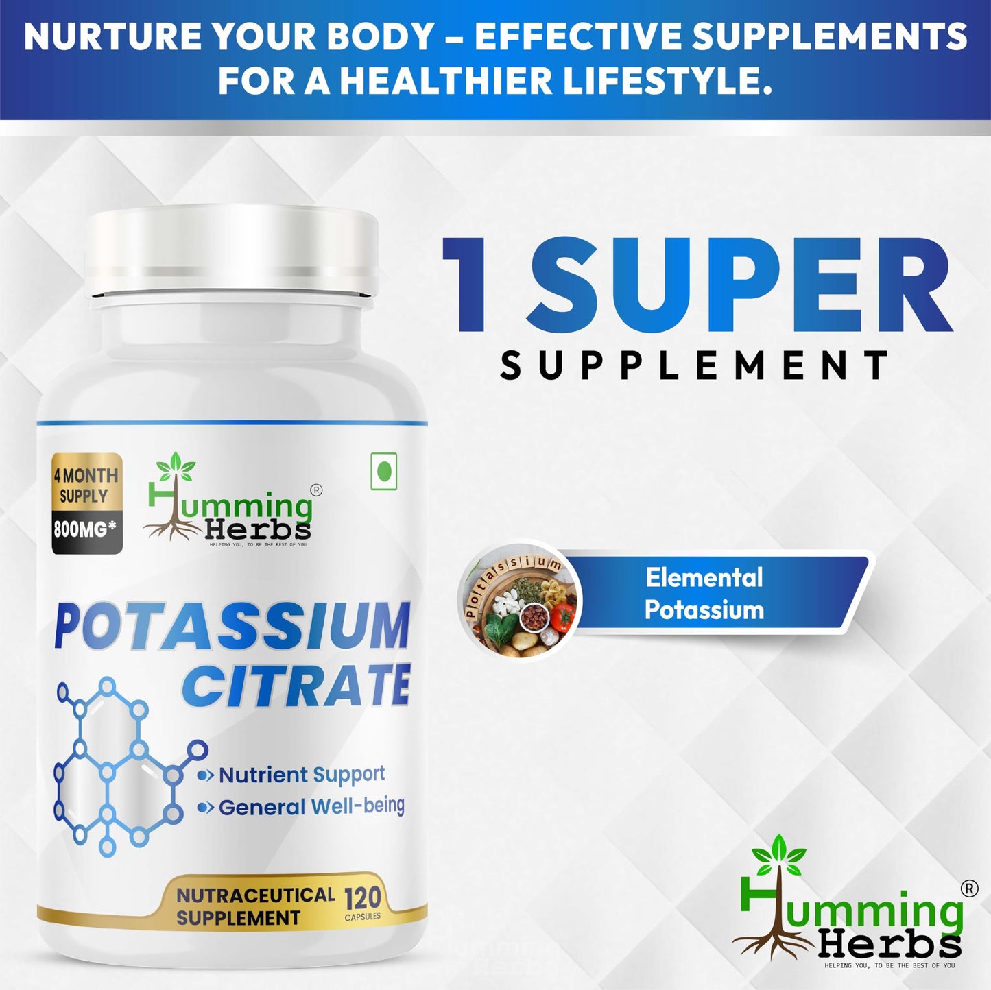 Humming Herbs Potassium Citrate 800 mg (306 mg Elemental Potassium) Capsules, 120 Count