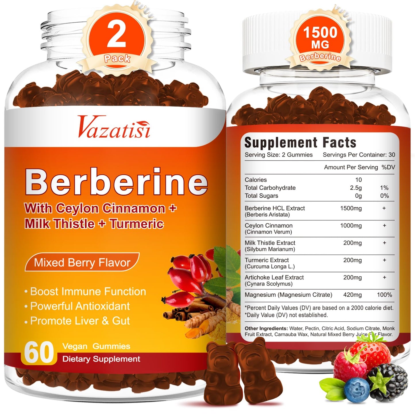 Vazatisi Berberine Gummies High Potency Berberine Supplement with Ceylon Cinnamon, Turmeric, Magnesium - Sugar Free, Non-GMO, Gluten-Free, Mixed Berry Flavor, 120 Gummies