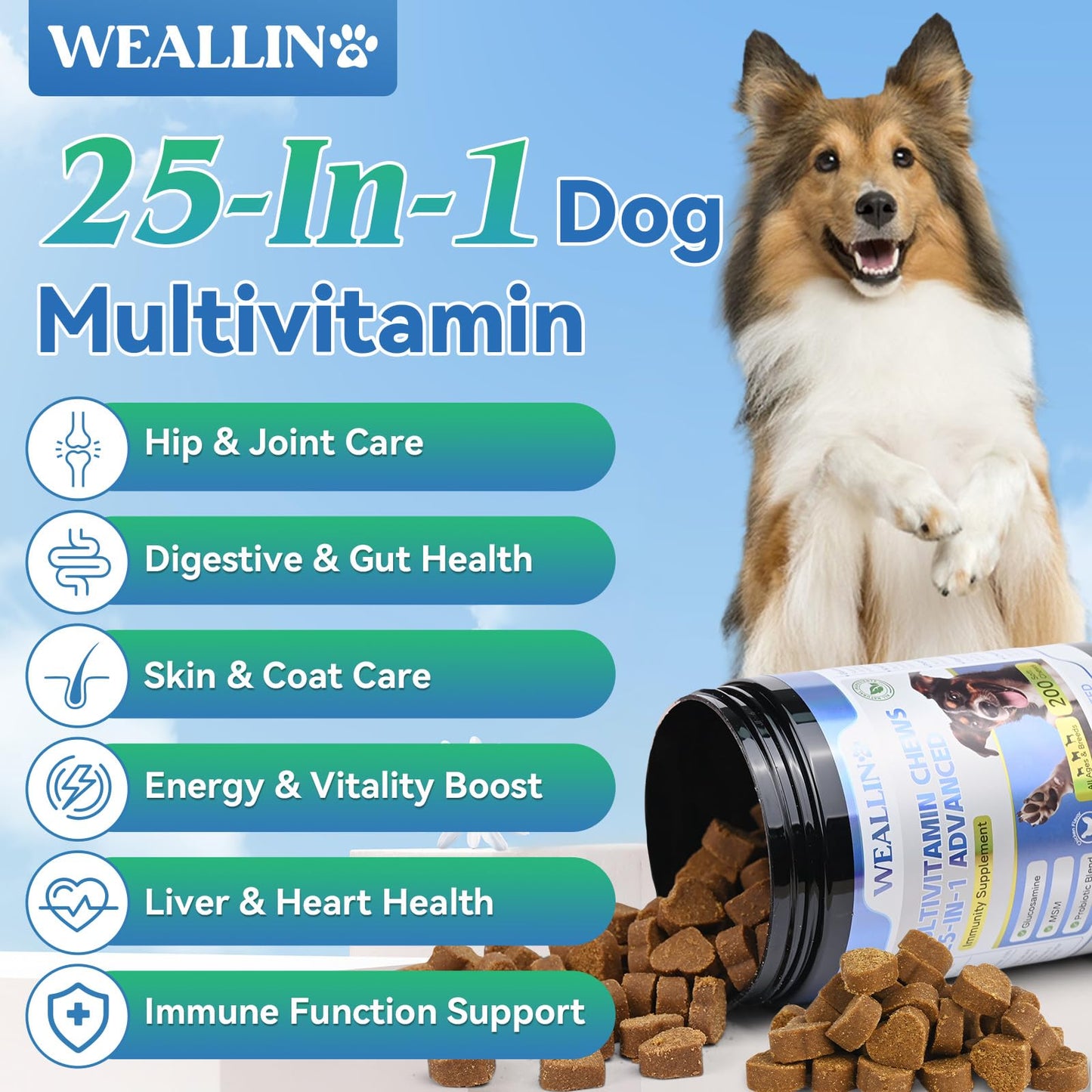 WEALLIN Cat & Dog Wellness Bundle L-Lysine Chews for Cats, 500 Ct; 25-in-1 Dog Multivitamin Chews, 200 Ct