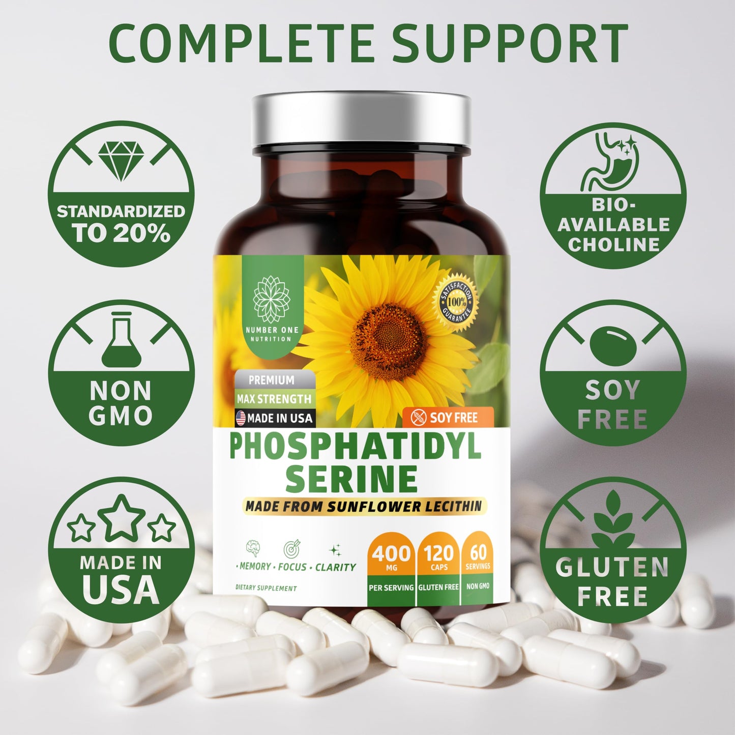 Number One Nutrition Premium Phosphatidylserine 400mg Derived from Sunflower Lecithin Capsules, 120 Count