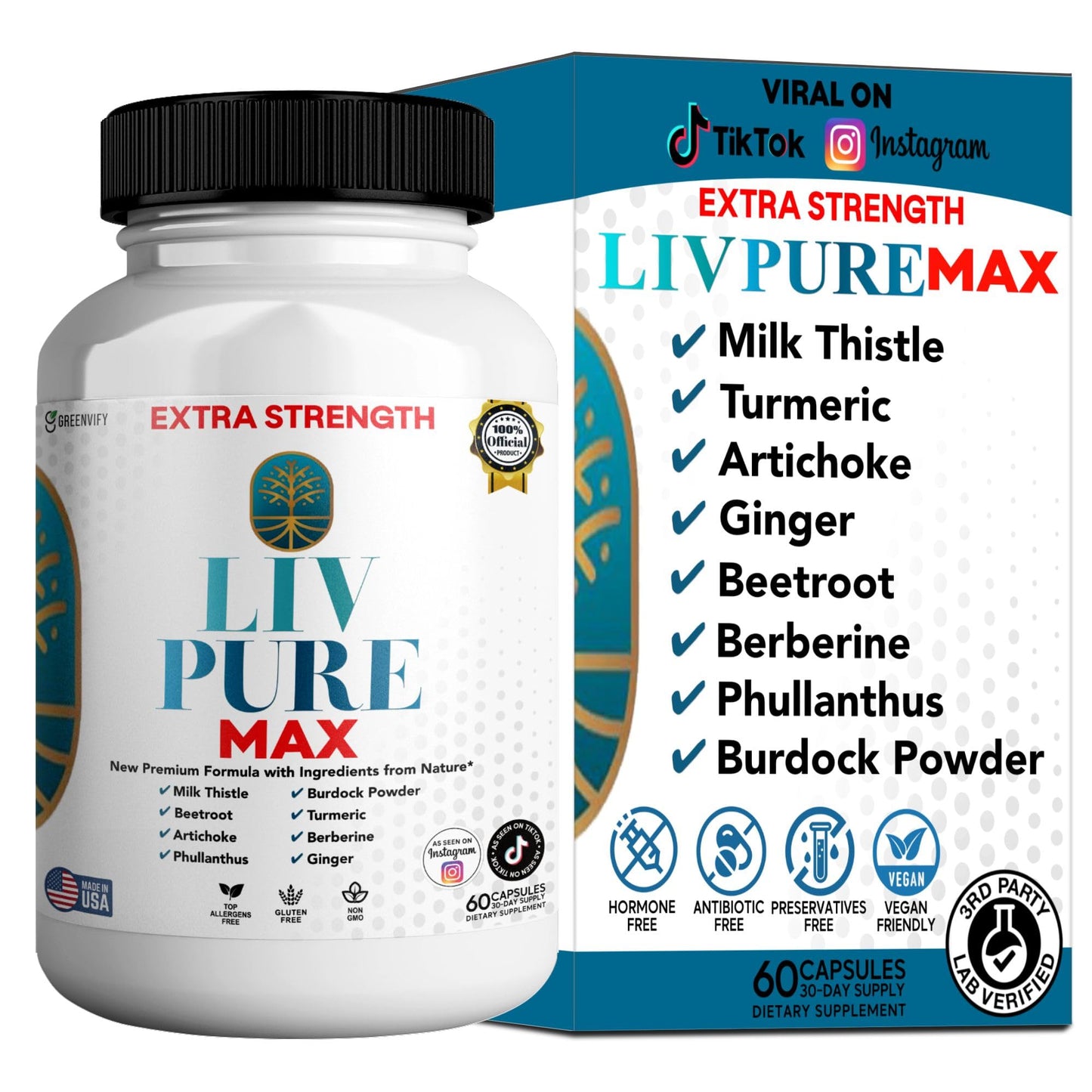 GREENVIFY Liv Pure Max Extra Strength Liver Support Supplement 60 Capsules