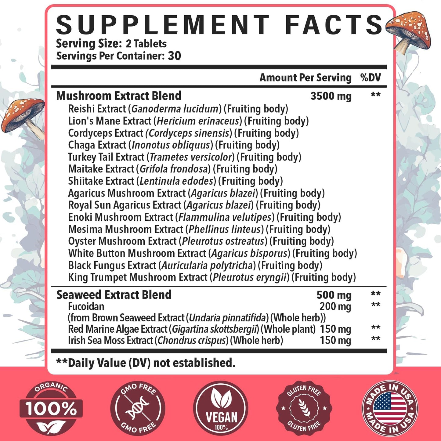 Dmeisy Sublingual Mushroom Complex 18-in-1 Mushroom Supplement Tablet, 60 Tablets