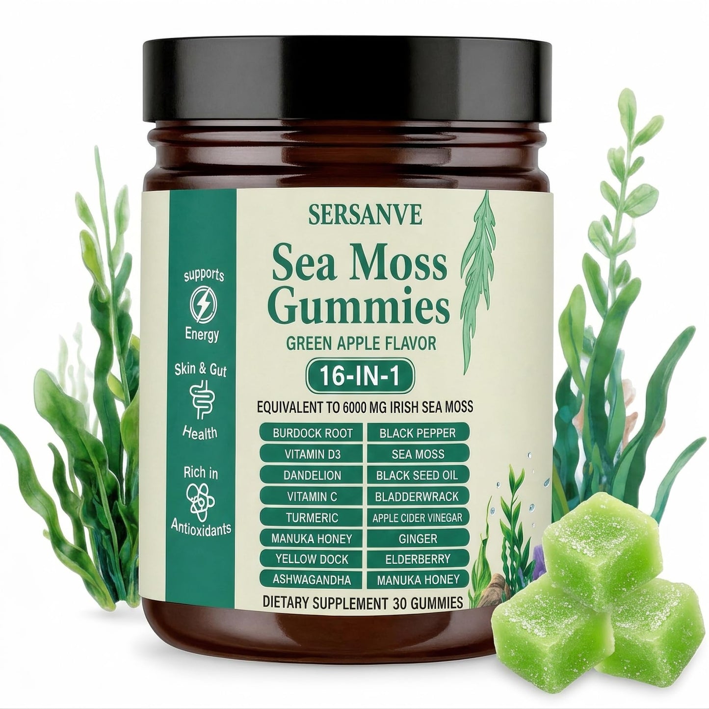 SERSANVE Sea Moss Gummies 16-in-1 with Ashwagandha Burdock Black Seed Oil Gummy 30 Count