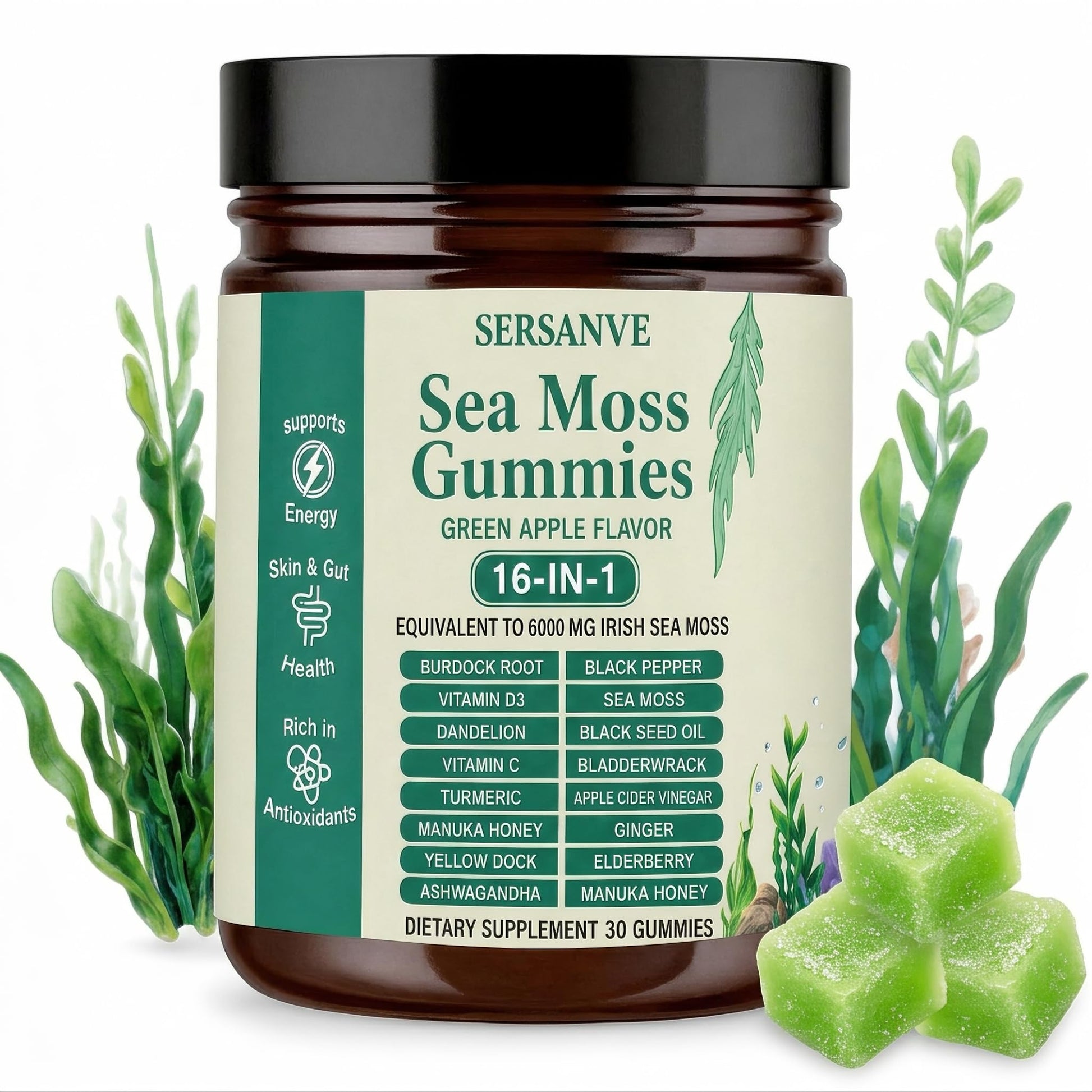 SERSANVE Sea Moss Gummies 16-in-1 with Ashwagandha Burdock Black Seed Oil Gummy 30 Count
