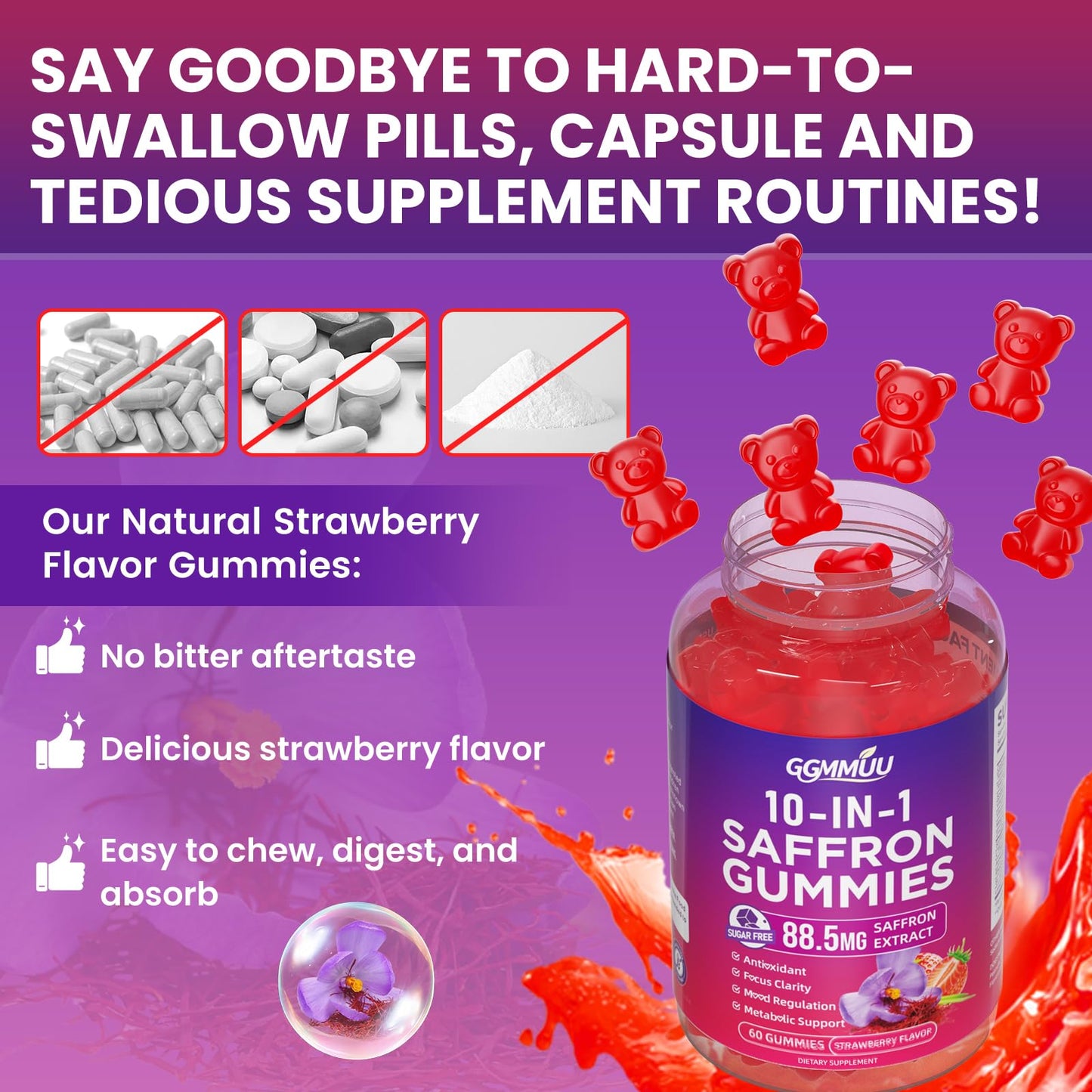 GGMMUU Saffron Gummies for Adults & Kids, Strawberry Flavor, 120 Count