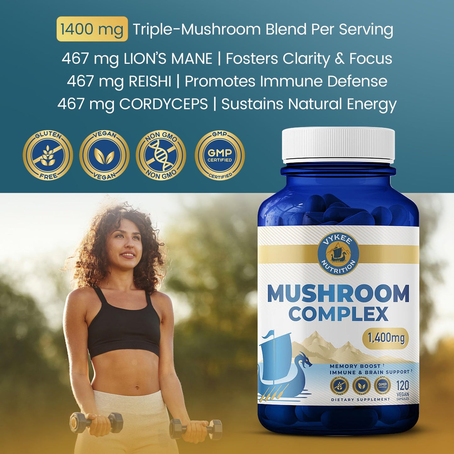 Vykee Nutrition Mushroom Complex – Lion’s Mane, Reishi & Cordyceps, 120 Capsules