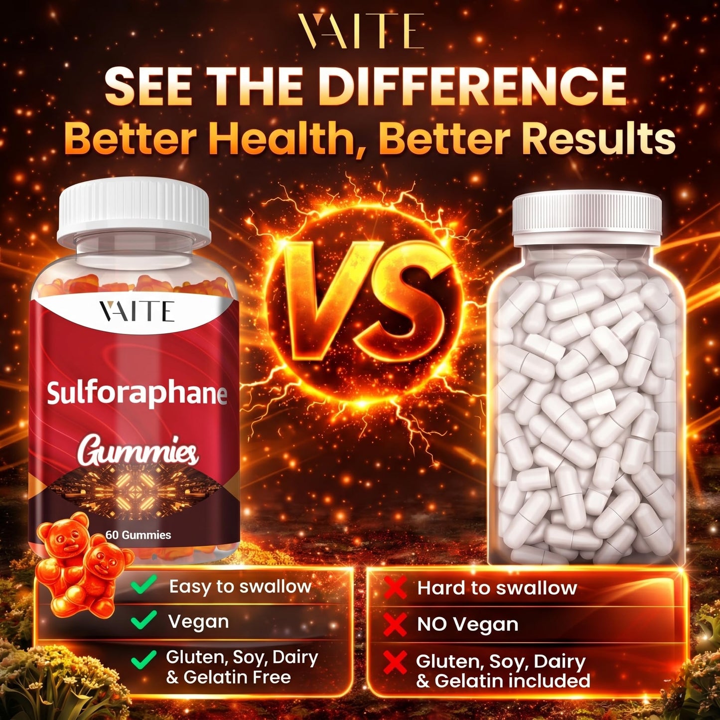 VAITE Sulforaphane Glucosinolate Supplement 100mg – Broccoli Seed Extract, Gummies, 60 Count
