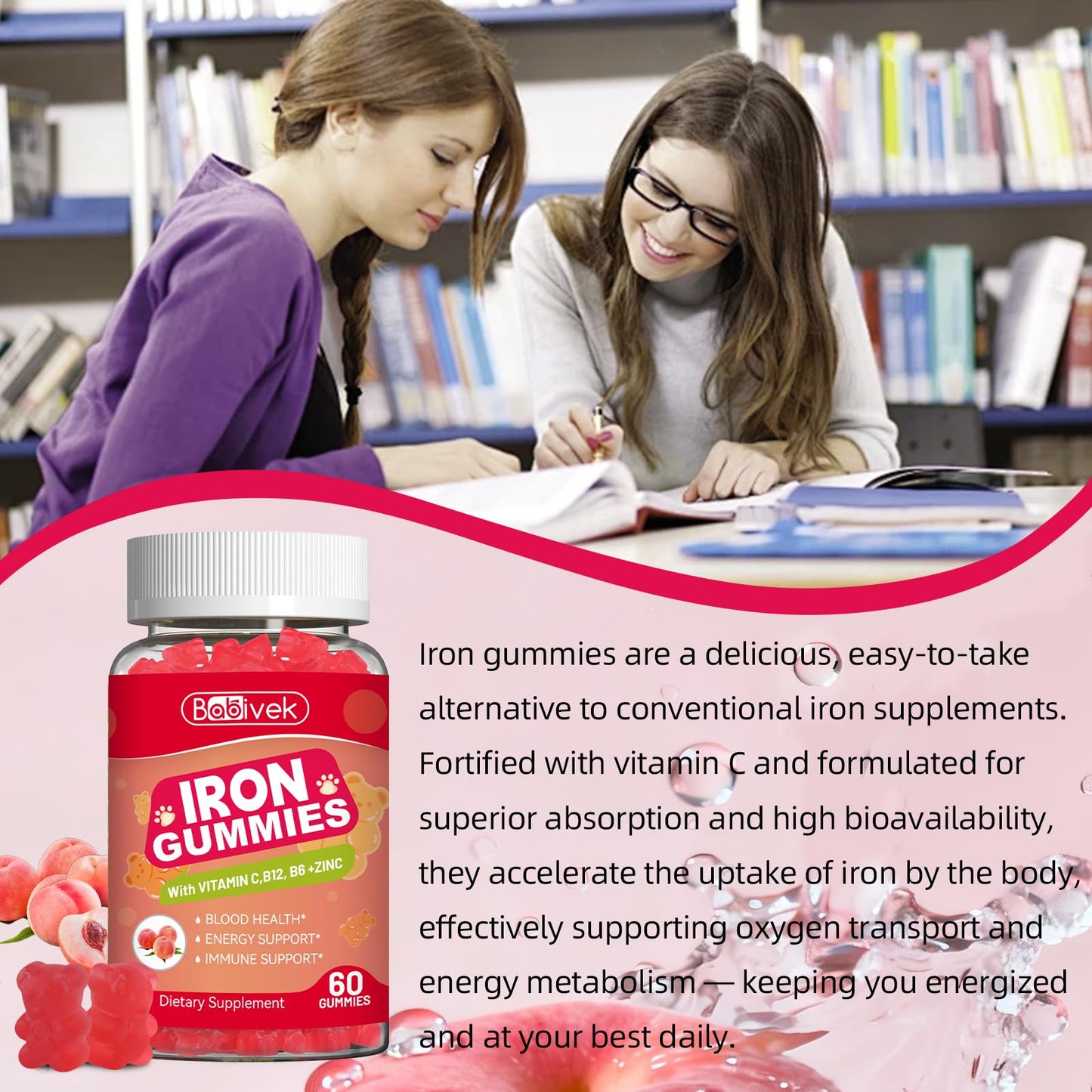 Babivek Iron Gummies with Folate, Vitamin C, B12, B6, Zinc - Peach Flavor, Vegan, 60 Gummies
