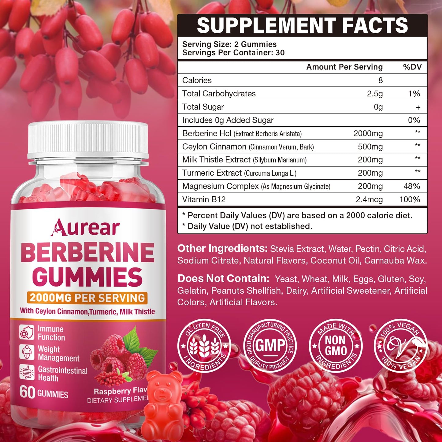 Aurear Berberine 2000mg with Ceylon Cinnamon Gummies 60 Count