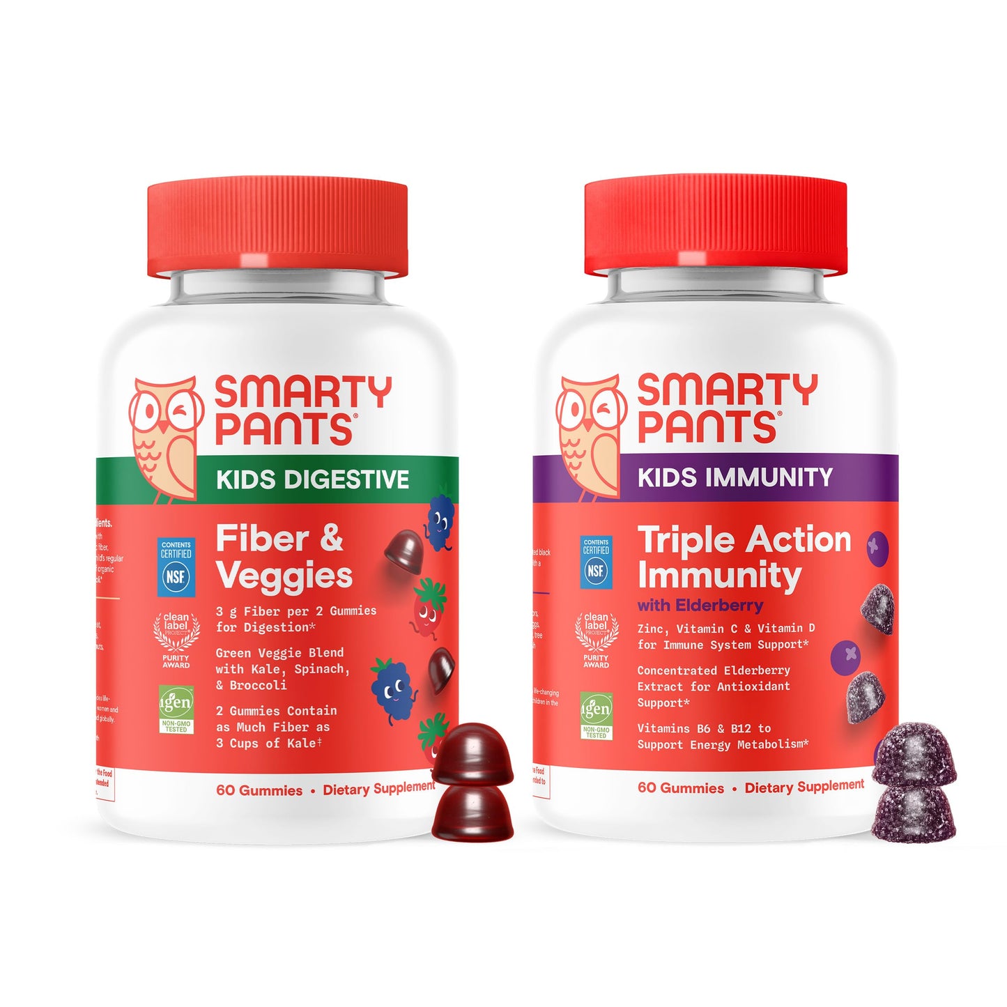 SmartyPants Kids Digestive & Immune Support Bundle: Fiber & Veggies + Elderberry Gummies with Prebiotic Fiber, Vitamins C, D3, B12 & Zinc, 120 Gummies
