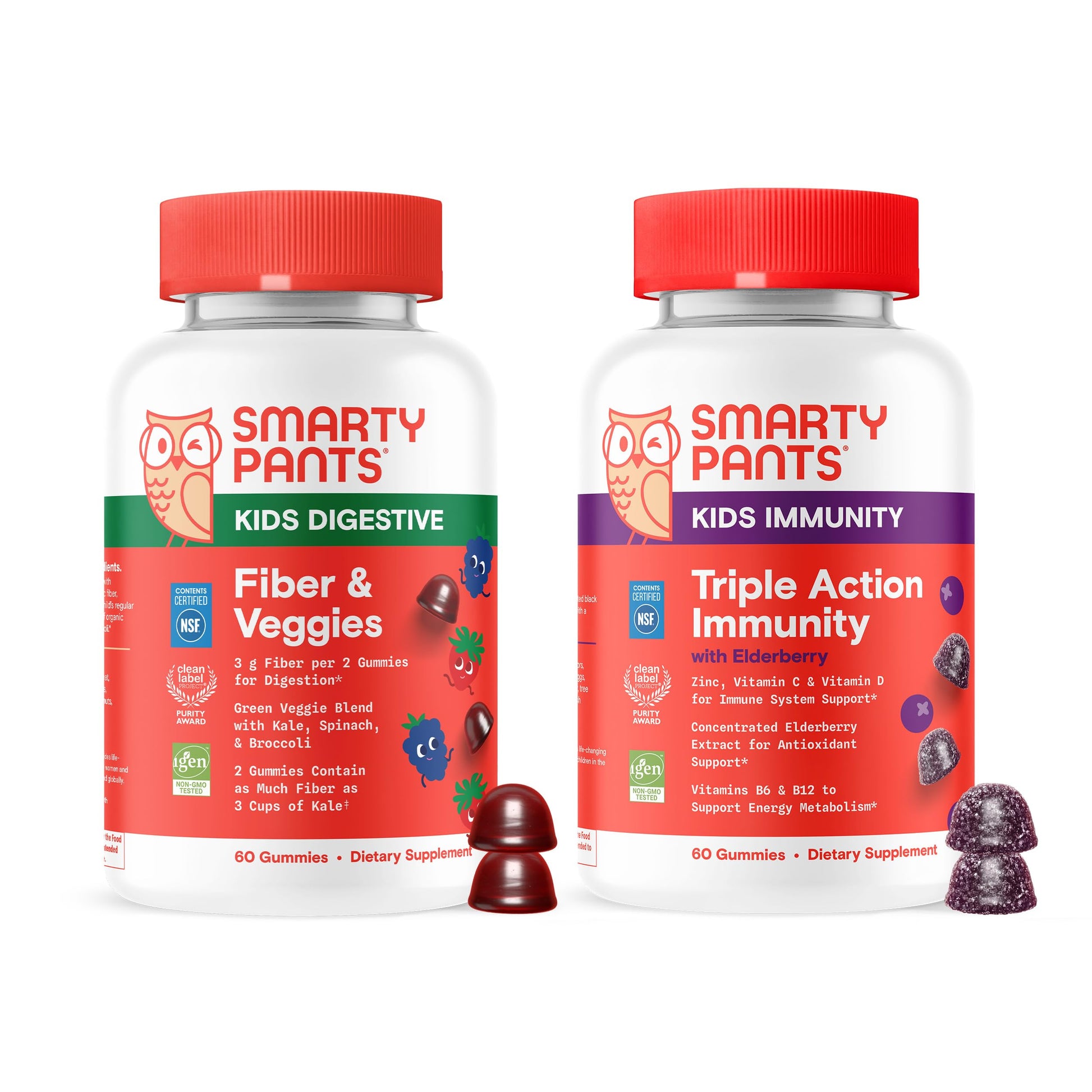 SmartyPants Kids Digestive & Immune Support Bundle: Fiber & Veggies + Elderberry Gummies with Prebiotic Fiber, Vitamins C, D3, B12 & Zinc, 120 Gummies