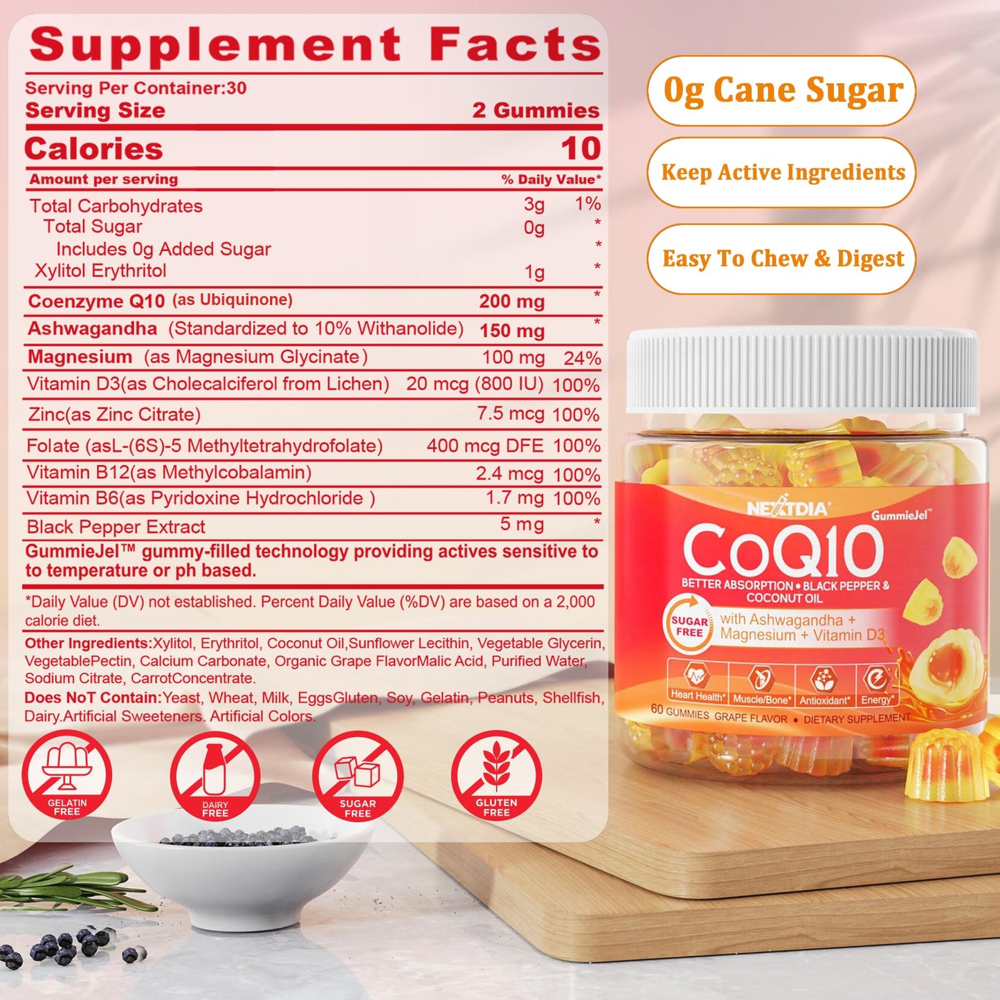 Nextdia Sugar Free C + D3 + Zinc Immune Gummies + Sugar Free CoQ10 200mg Filled Gummies, 180 Gummies