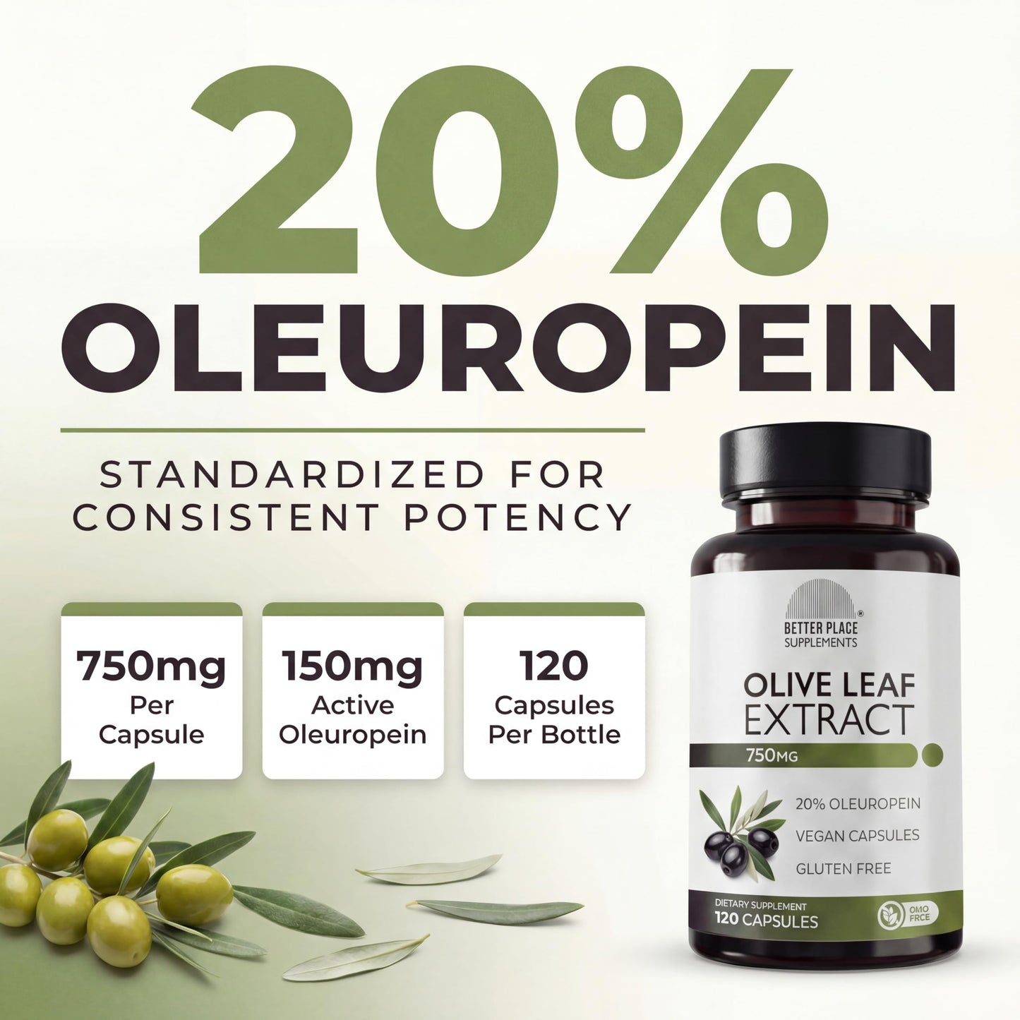 Better Place Organics Olive Leaf Extract 750mg Capsules, 120 Count