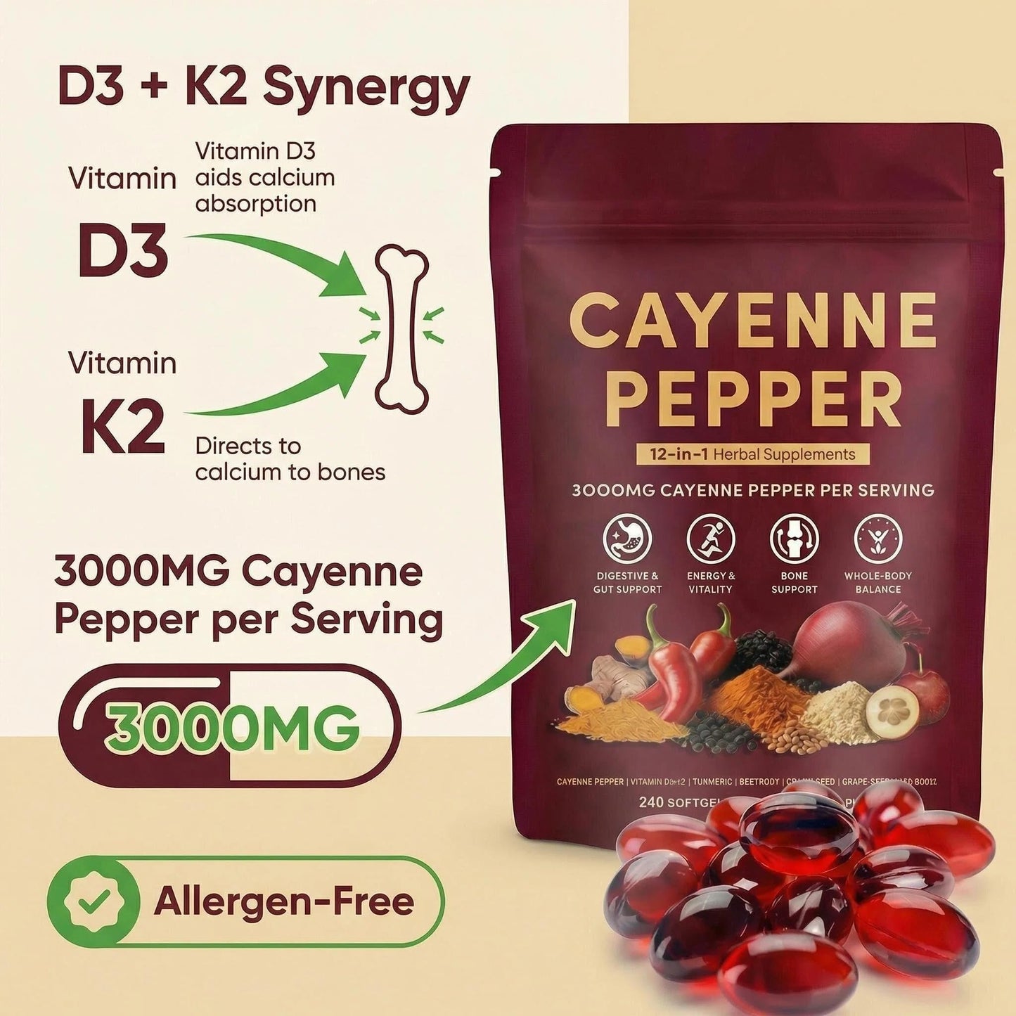 Biduka Cayenne Pepper 3000mg 12-in-1 Herbal Supplement with D3, K2, Turmeric, Ginger Softgels 240