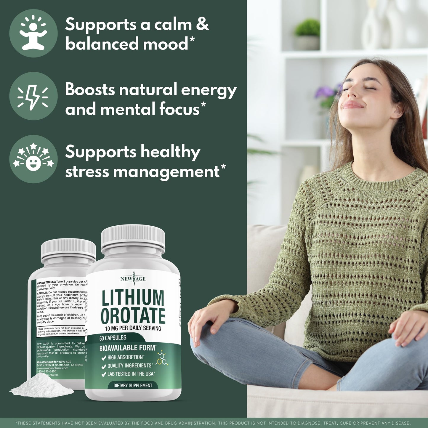 NEW AGE Lithium Orotate 10mg (5mg per Capsule), 120 Veggie Capsules