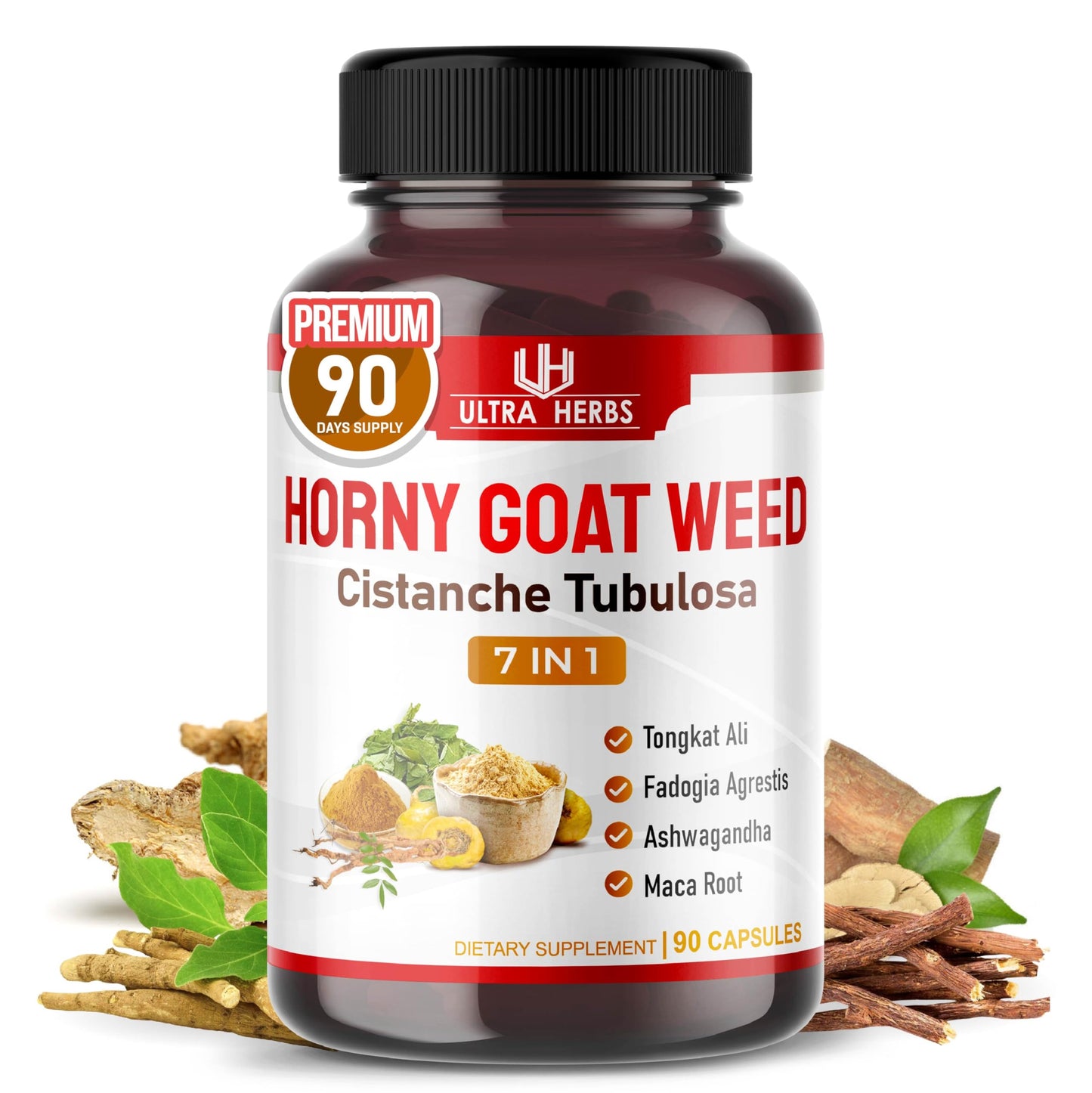 ULTRA HERBS Horny Goat Weed Tongkat Ali Maca Root Tribulus with Fadogia Ashwagandha Ginseng L-Arginine Capsule 90 Count