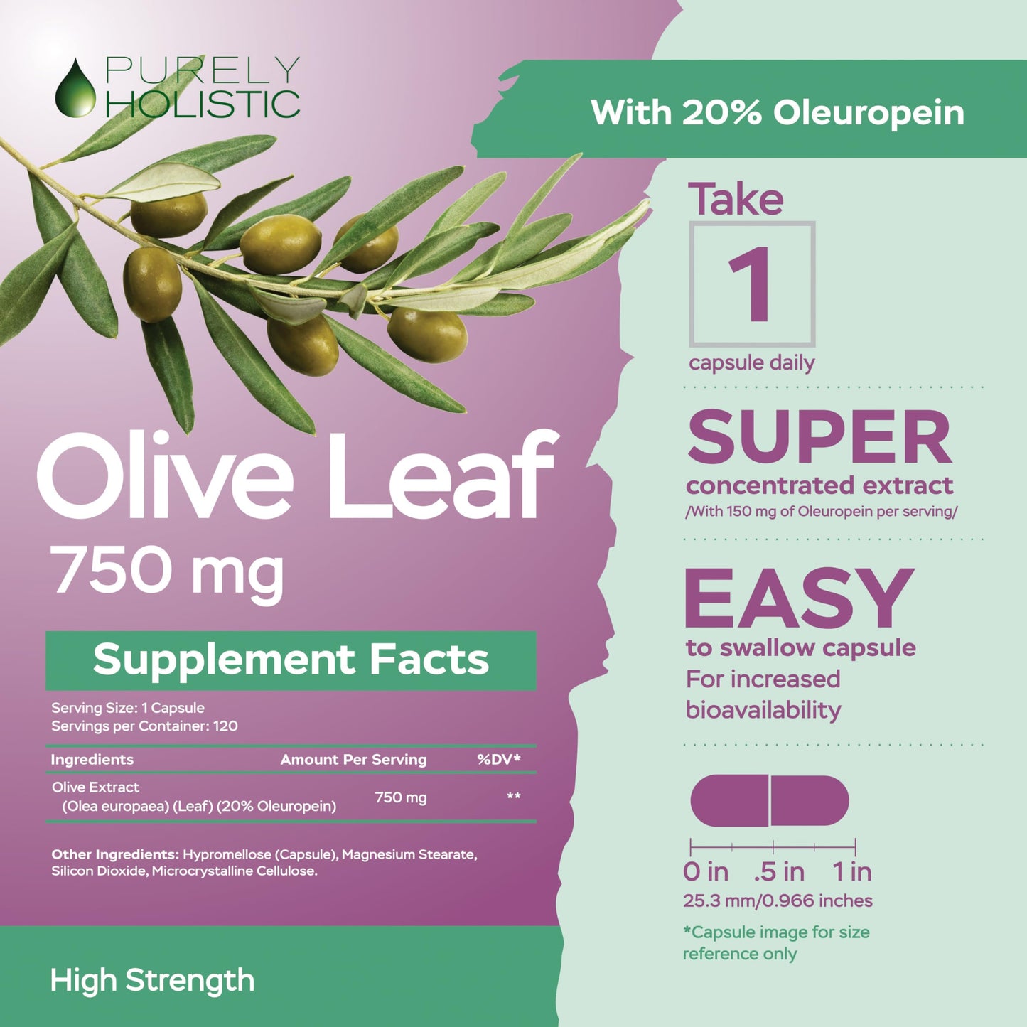 Purely Holistic Olive Leaf Extract 750mg Capsules, 120 Count