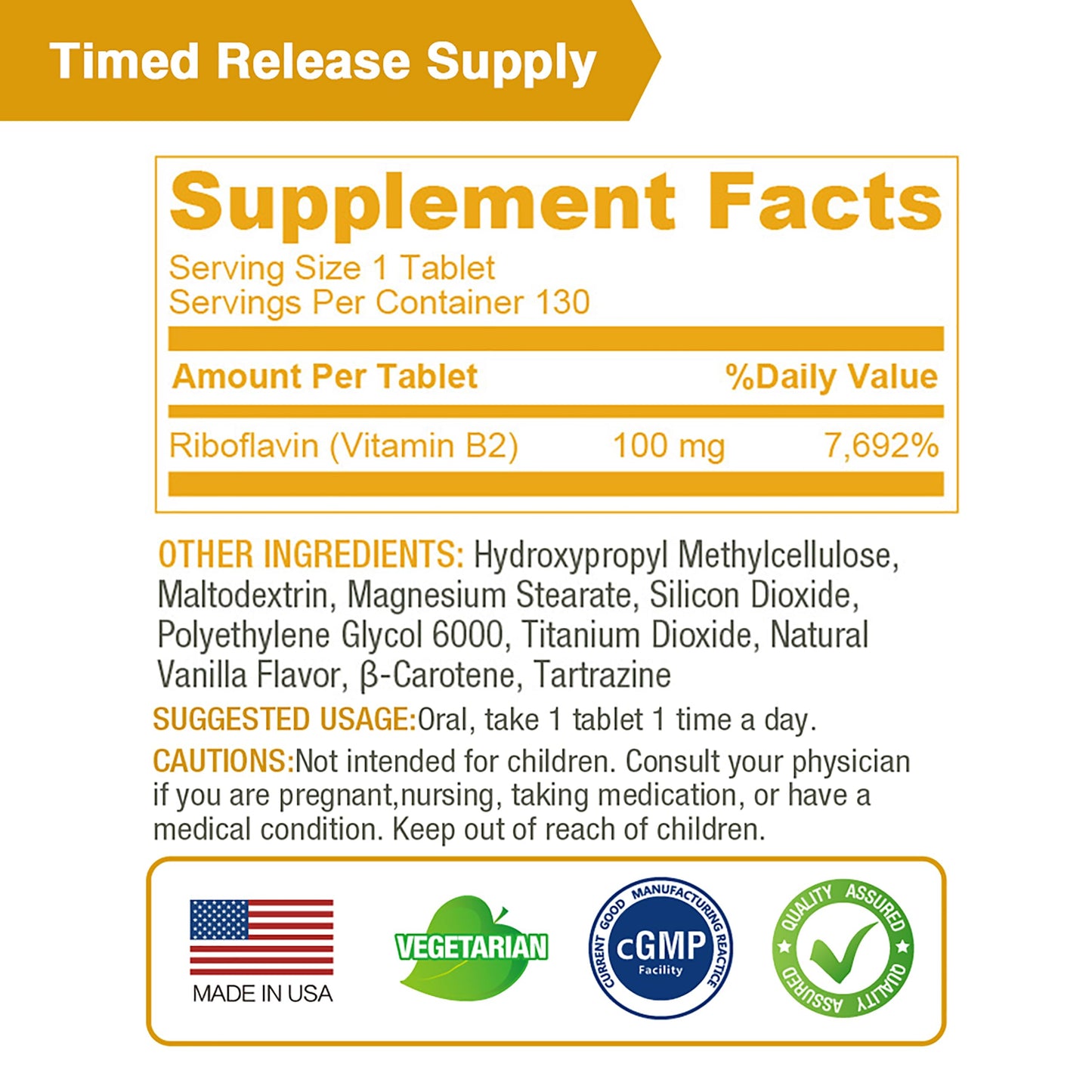 LOVITA Vitamin B2 (Riboflavin) 100mg Tablet, 130 Count