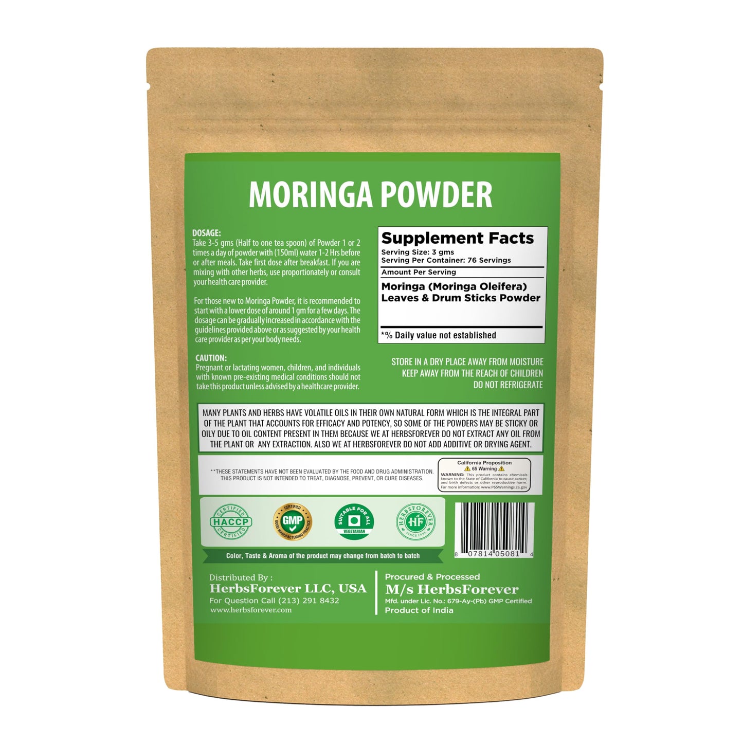 Herbsforever Moringa Oleifera Leaf & Drum Stick Powder, 8.11 oz