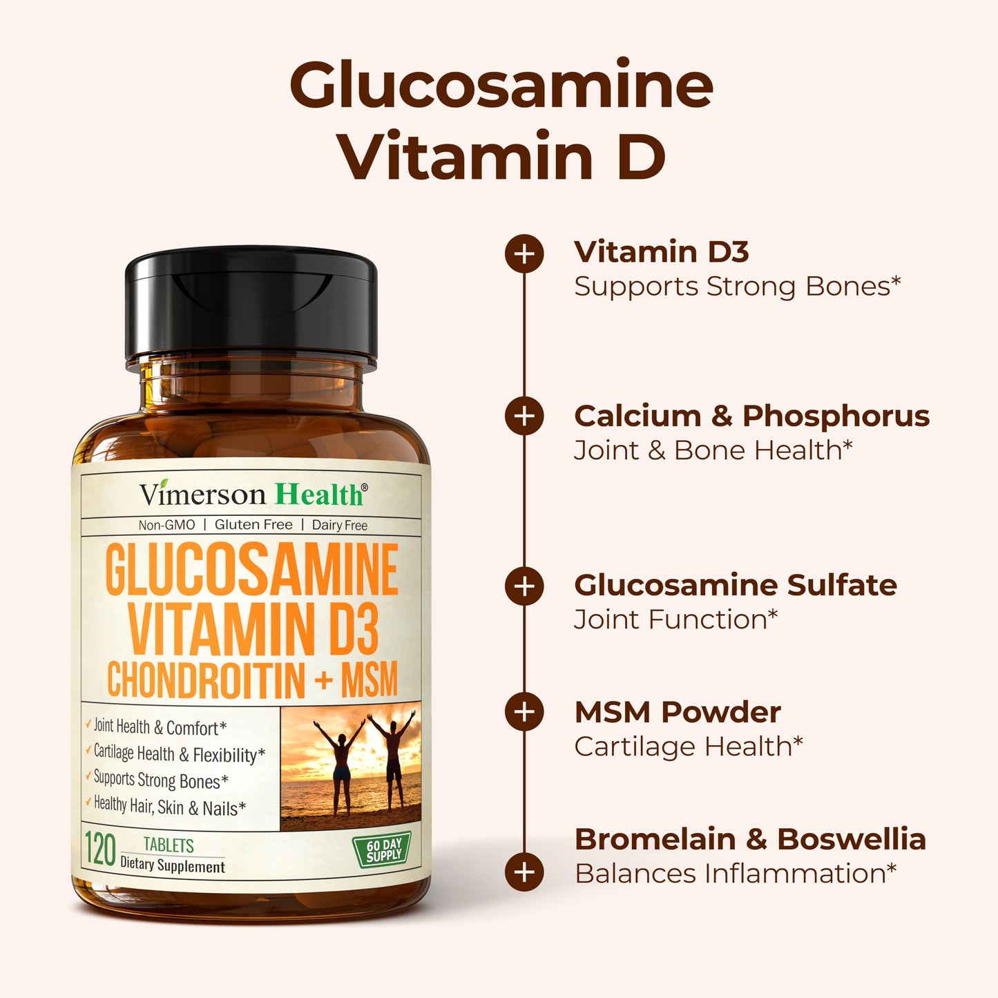 Vimerson Health Vitamin D3 2000IU & Glucosamine Chondroitin Tablets, 120 Count