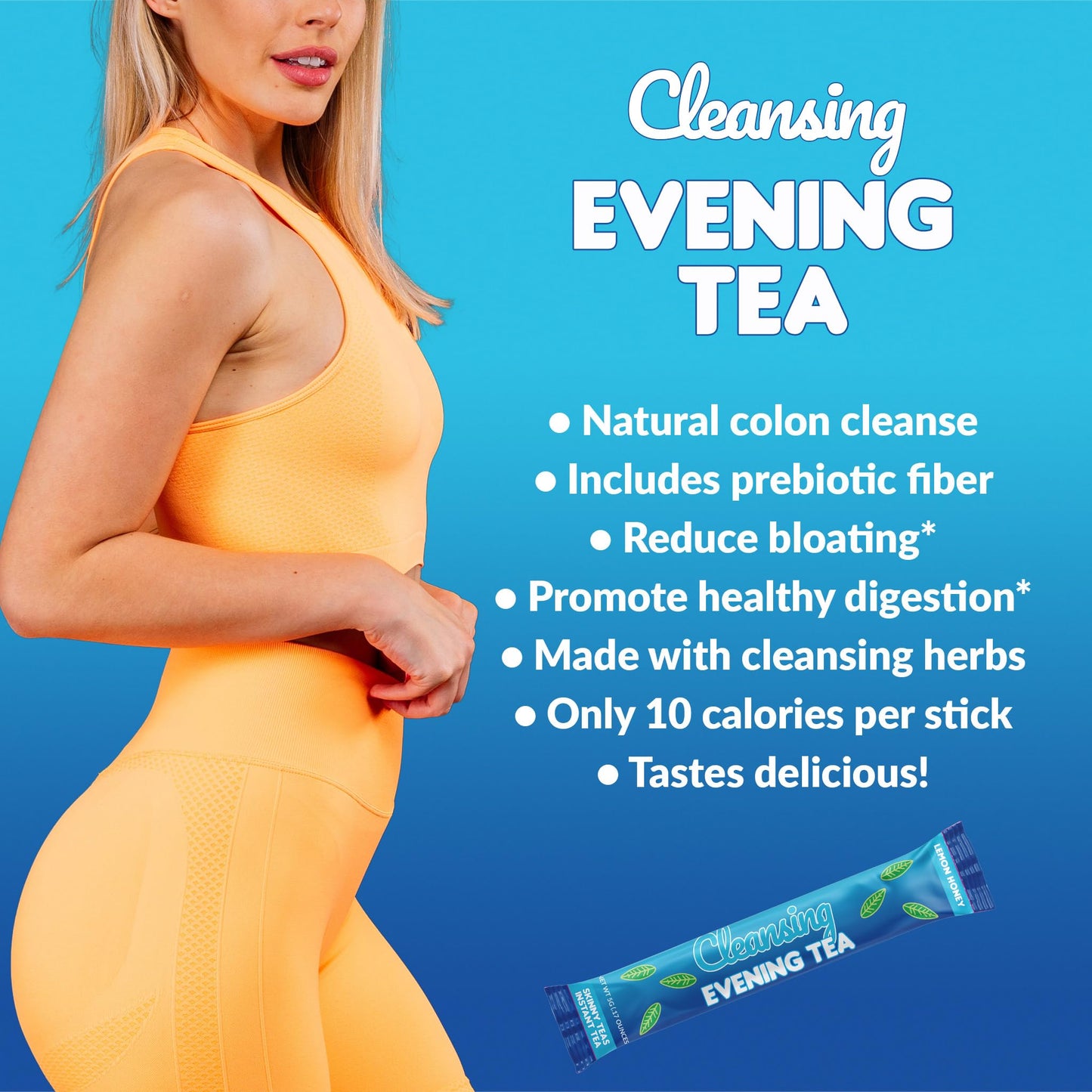 SkinnyBoost Skinny Teas Cleansing Evening Tea Sticks – Lemon Honey Detox Tea, Digestive Cleanse + Bloat Relief Support, Prebiotic Fiber, Caffeine-Free, 10 Calories Powder, 14 Count