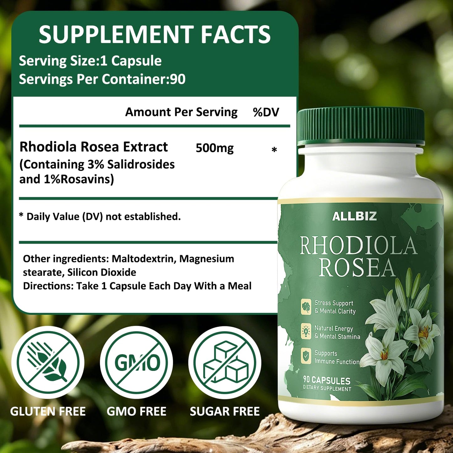 ALLBIZ Rhodiola Rosea Organic 3% Salidrosides & 1% Rosavins Standardized Capsules, 90 Count
