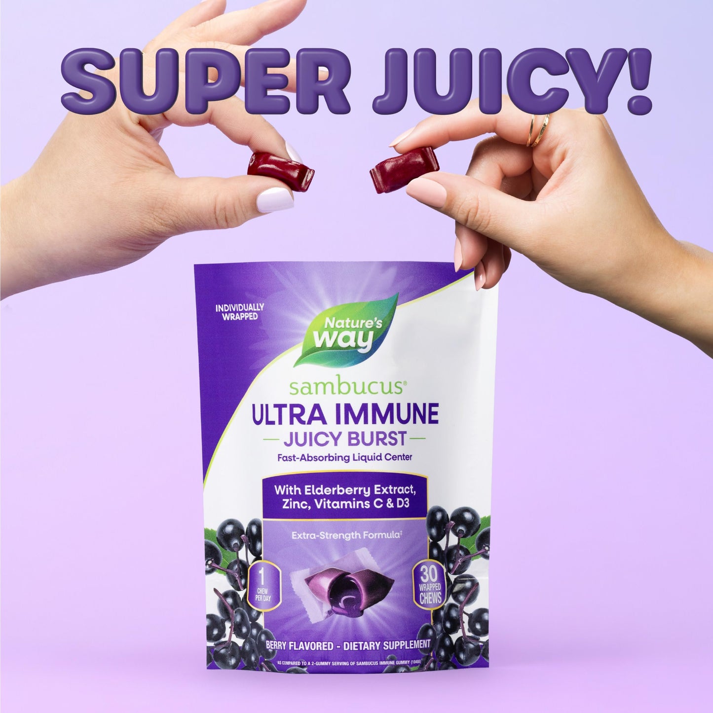 Nature's Way Sambucus Ultra Immune Juicy Burst Extra-Strength Formula Immune Support, Vitamin D3, Vitamin C and Zinc, Elderberry Extract Gummies 30