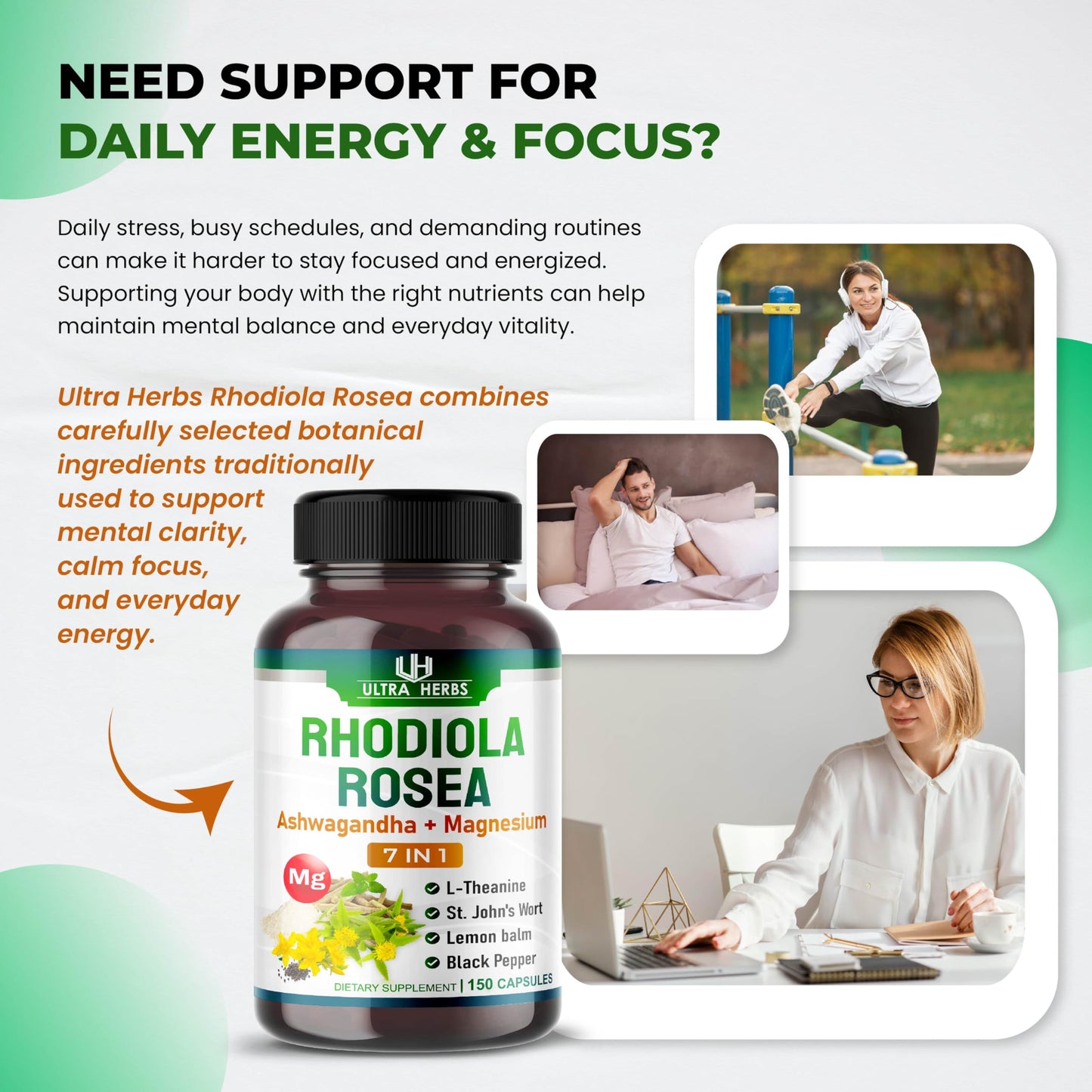 ULTRA HERBS Rhodiola Rosea Supplement Enriched with Ashwagandha, Magnesium, L-Theanine, St. John's Wort, Lemon Balm, 150 Capsules