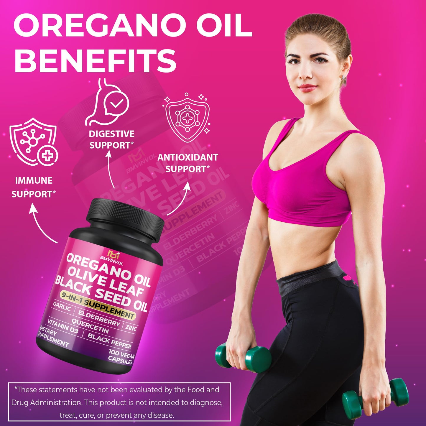 BMVINVOL Oregano, Black Seed, Garlic Bulb, Quercetin, Olive Leaf, Elderberry, Black Pepper Capsules, 100 Count