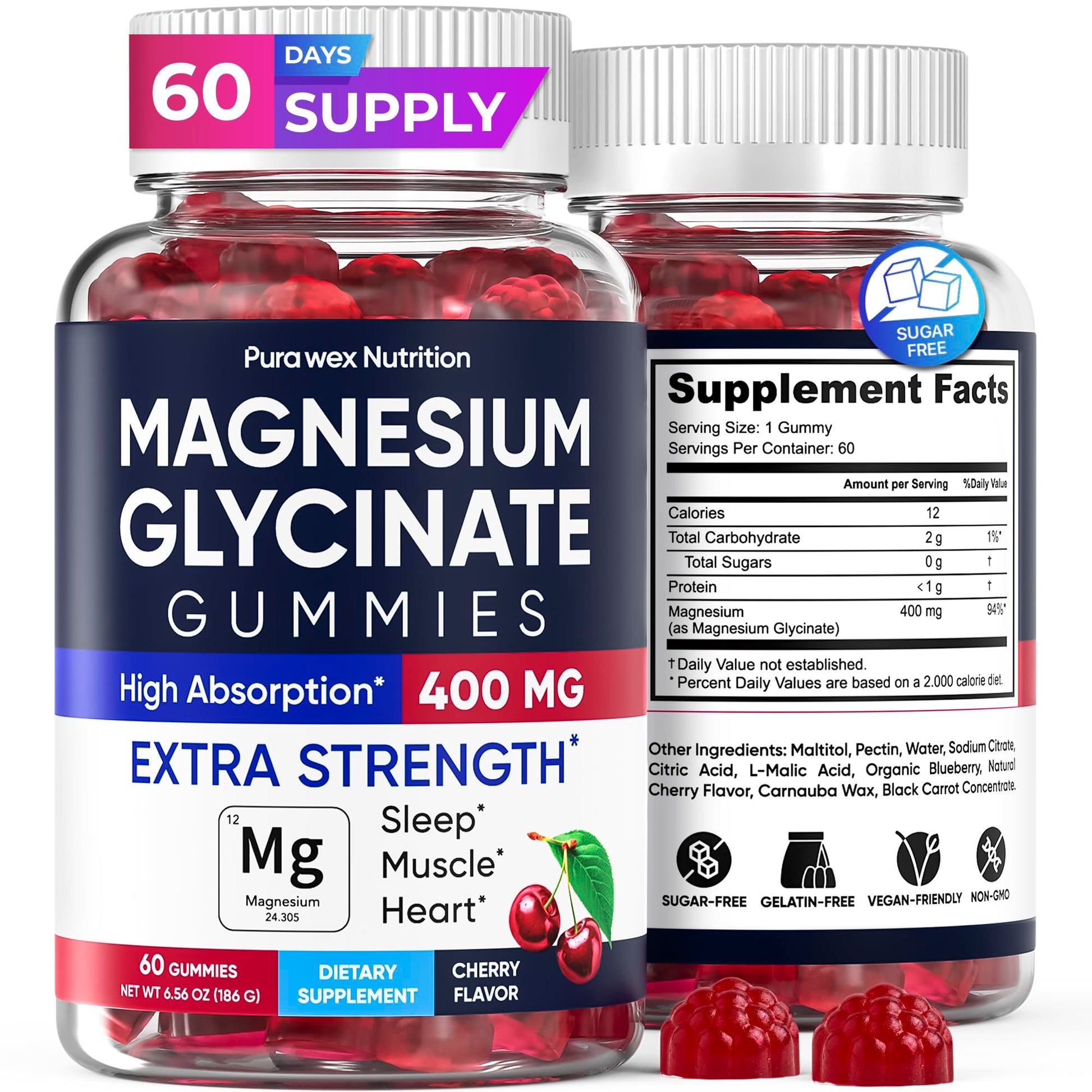 PURA WEX NUTRITION Magnesium Glycinate Gummies 400mg Extra Strength Cherry Flavor, 60 Count