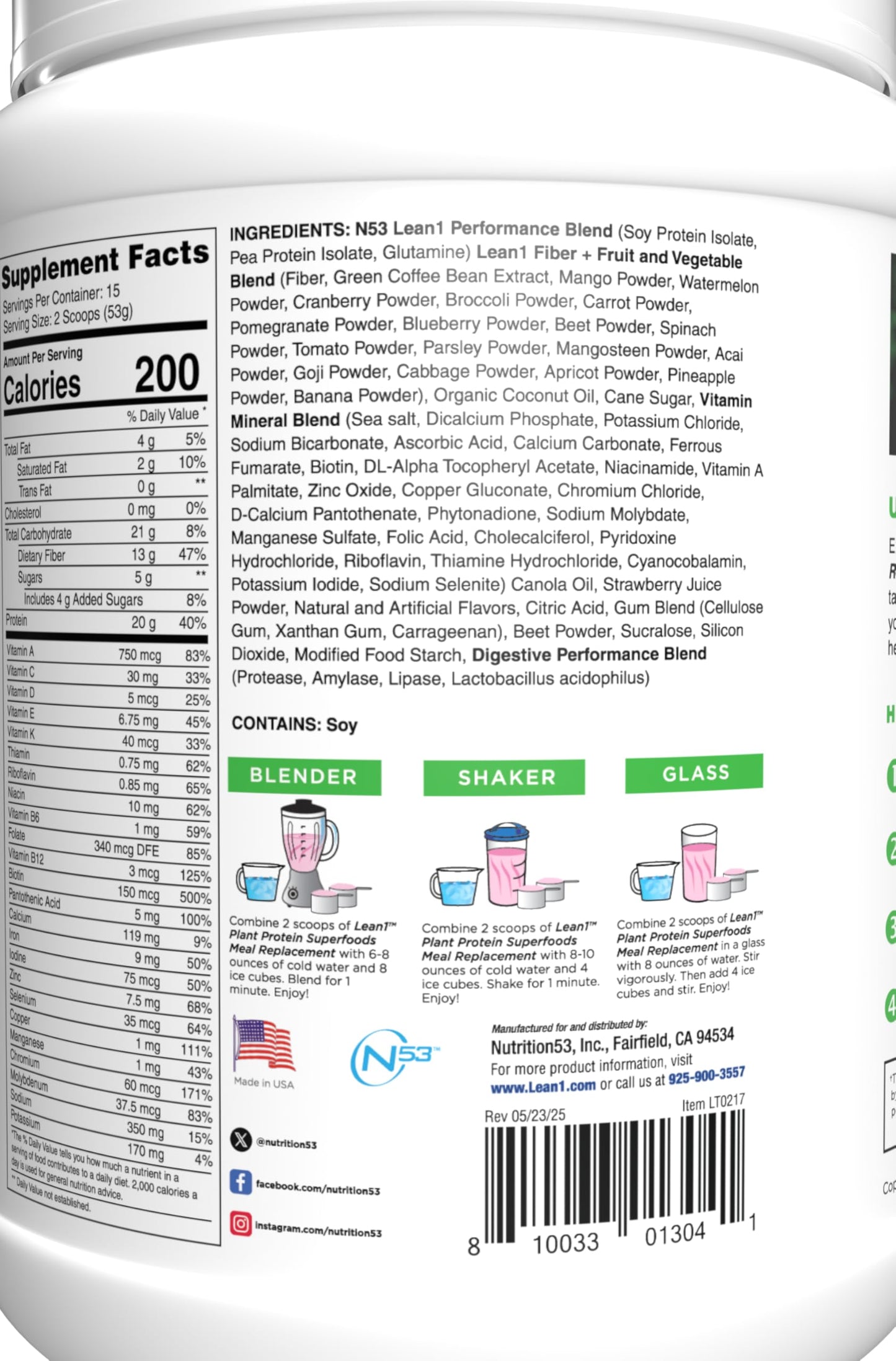 LEAN1 Plant Based Protein Powder Meal Replacement Strawberry Flavor, 27 Servings