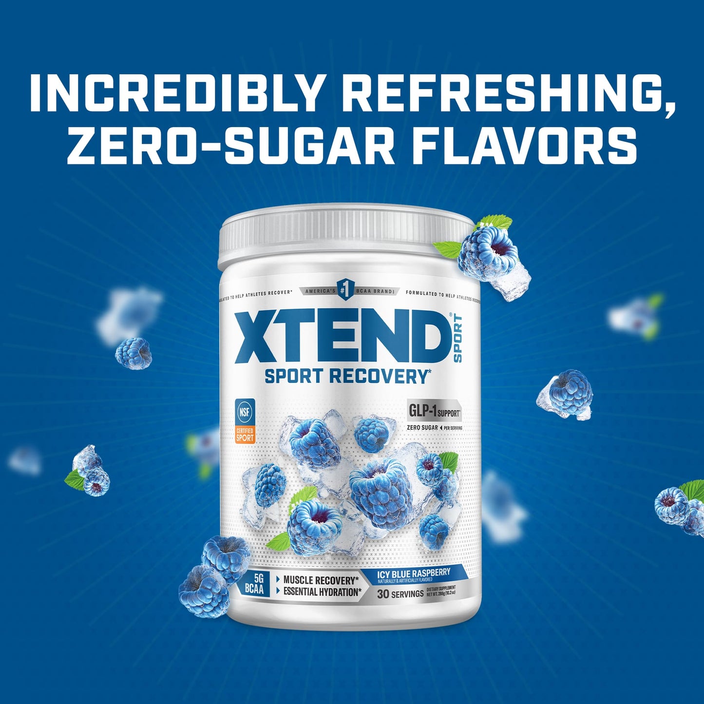 Scivation XTEND Sport BCAA Powder Blue Raspberry Ice Electrolyte Powder for Recovery & Hydration with Amino Acids, 12.2 oz