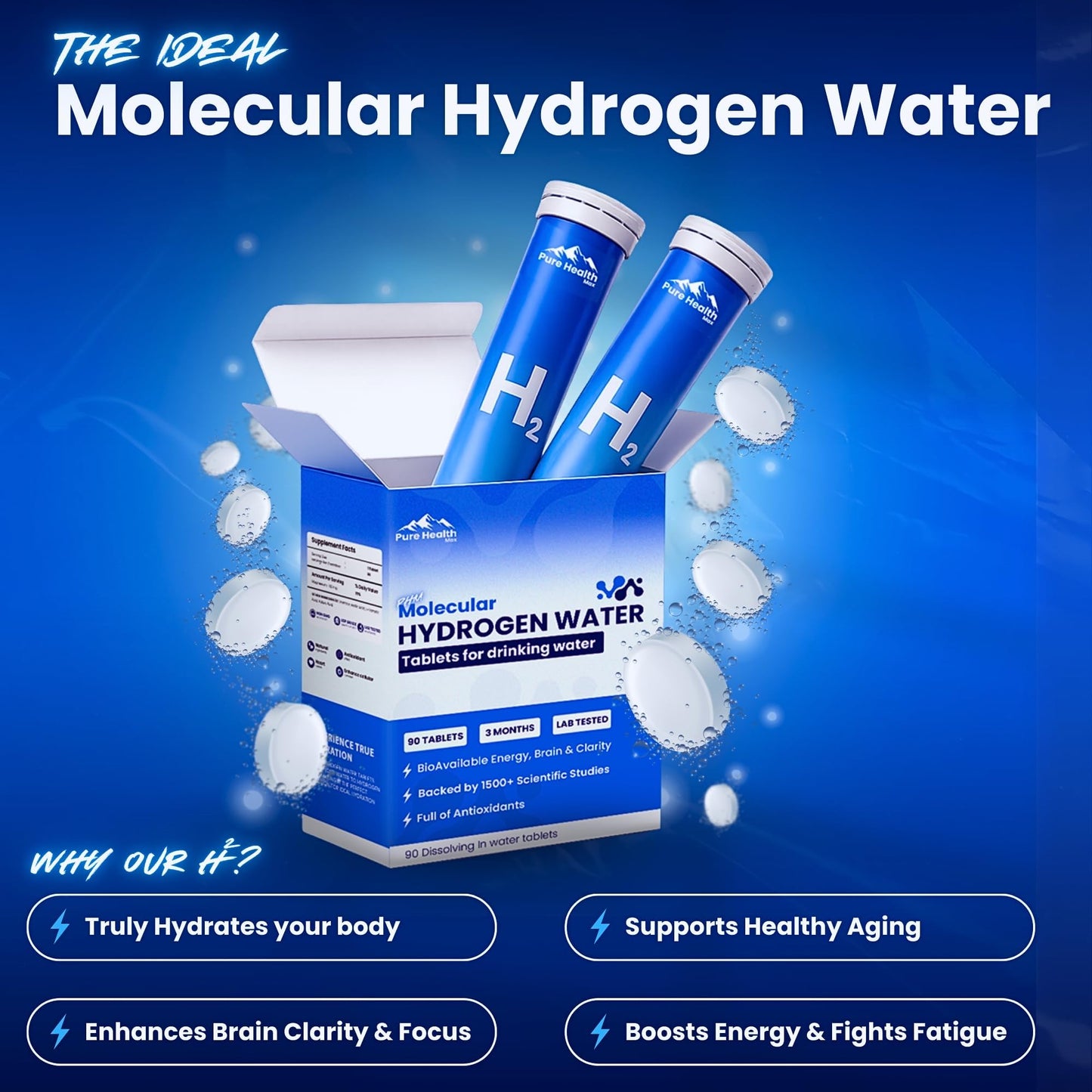 PURE HEALTH MAX Hydrogen Water Tubes H2 Molecular Tabs, Magnesium Pills Electrolytes Hydration Supplement, 90 Tablets